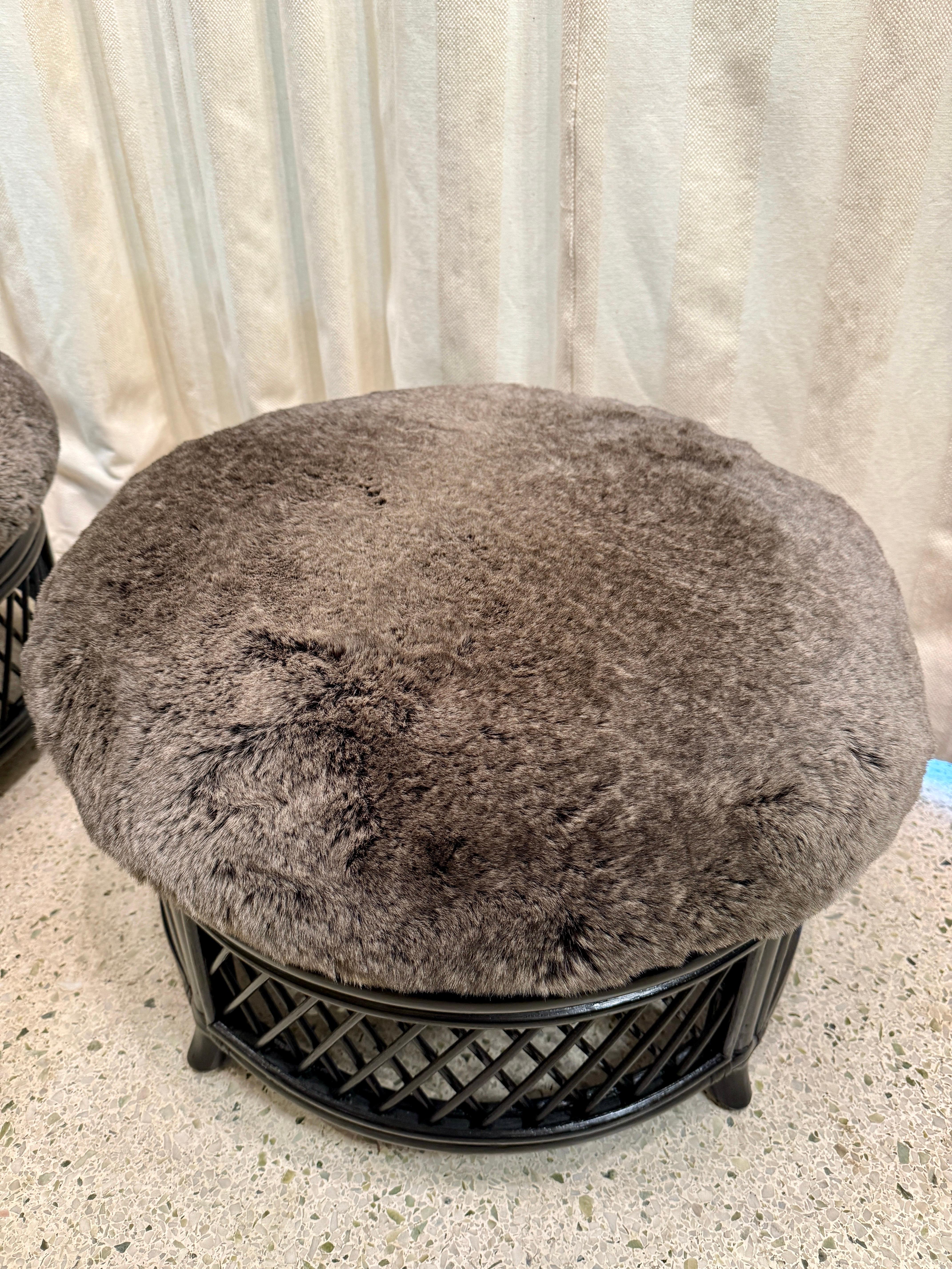 American Pair of Laquered Bamboo Ottomans-Poufs w/ Faux Fur Seats, Pair For Sale