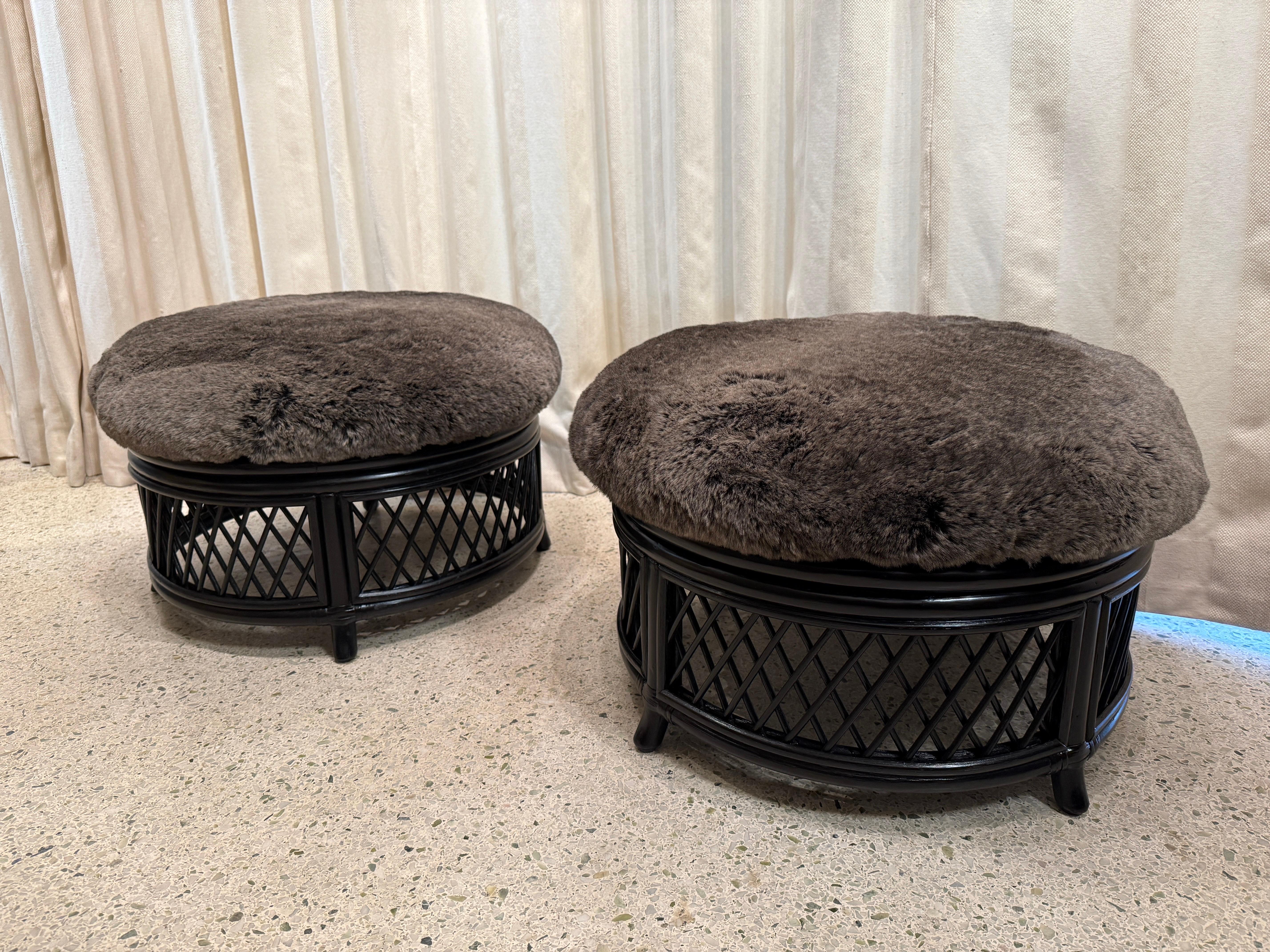 Lacquered Pair of Laquered Bamboo Ottomans-Poufs w/ Faux Fur Seats, Pair For Sale