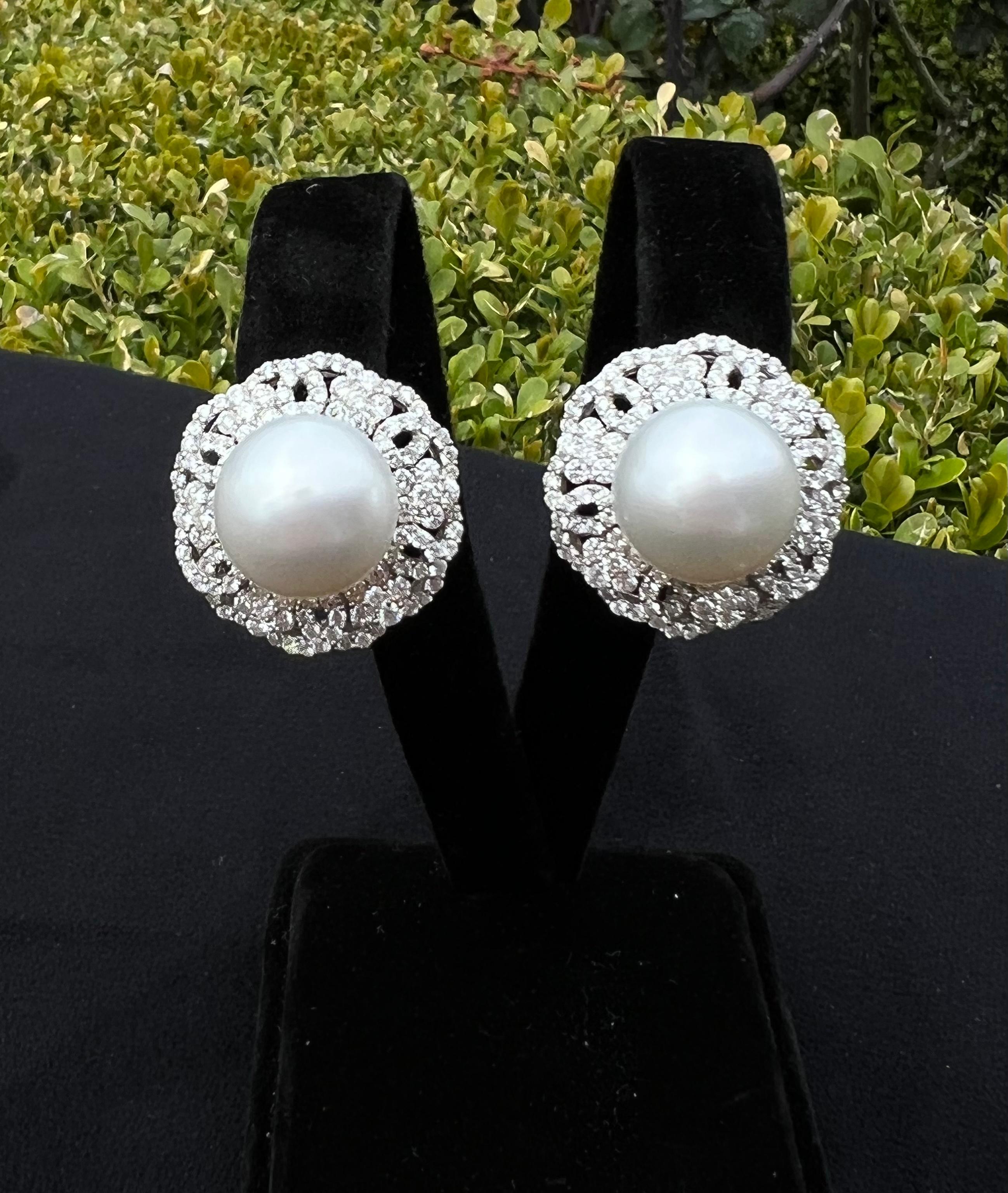 Artisan Pair of Large 14.35 MM South Sea Pearl and Diamond 18 Karat White Gold Earrings For Sale