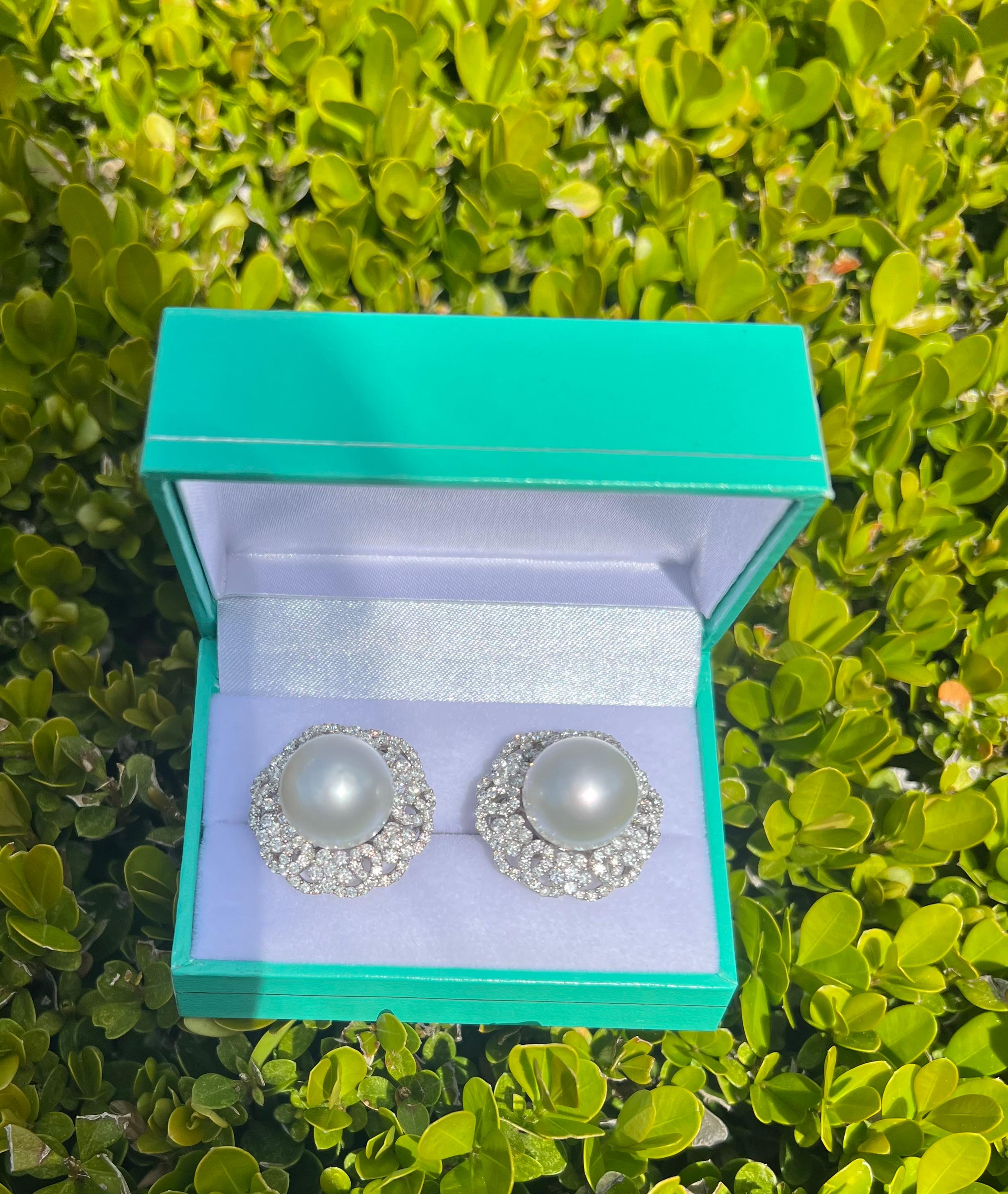 Round Cut Pair of Large 14.35 MM South Sea Pearl and Diamond 18 Karat White Gold Earrings For Sale