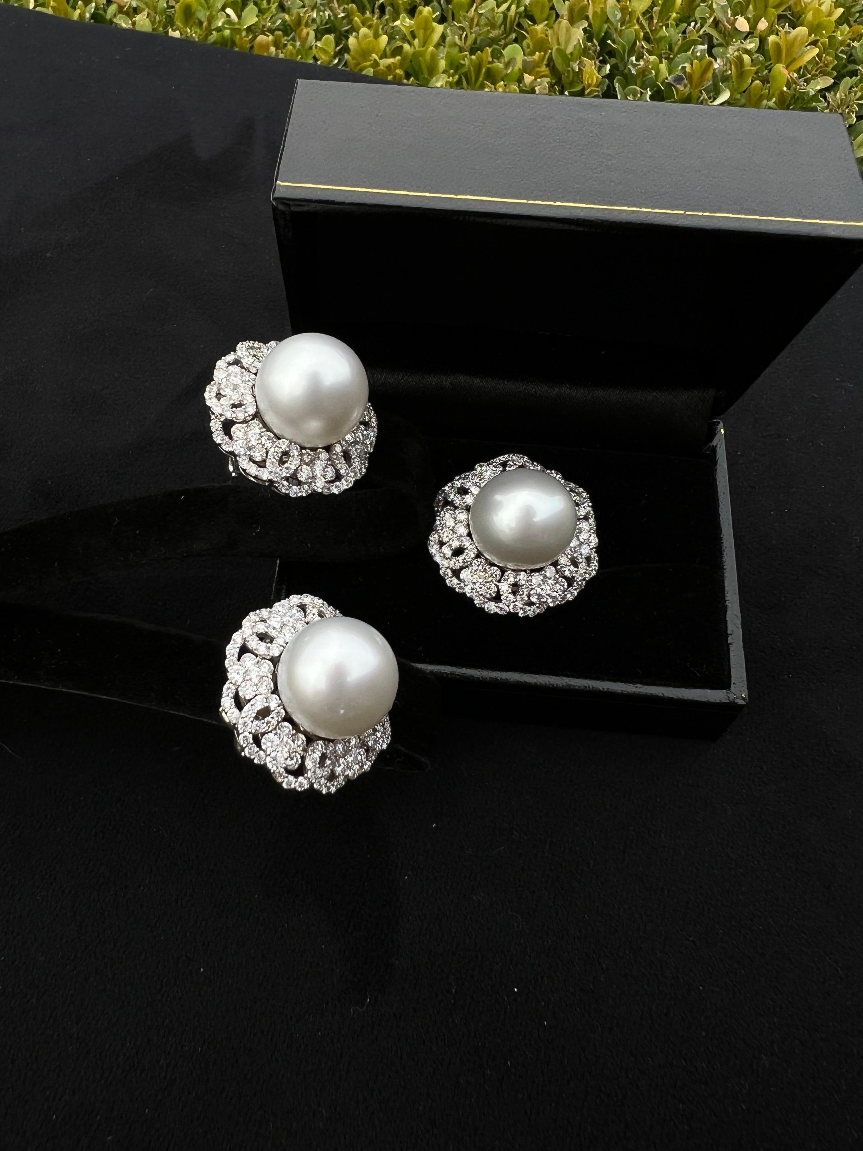 Women's Pair of Large 14.35 MM South Sea Pearl and Diamond 18 Karat White Gold Earrings For Sale