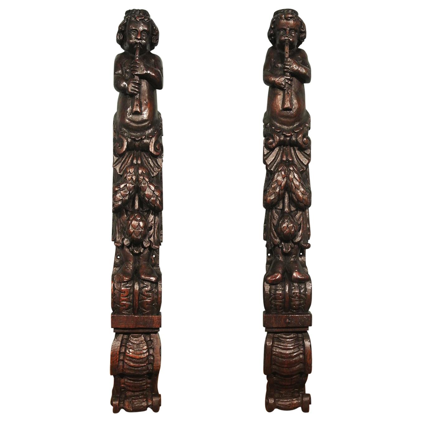 Pair of Large 16th Century English Relief Carved Oak Figural Caryatids For Sale