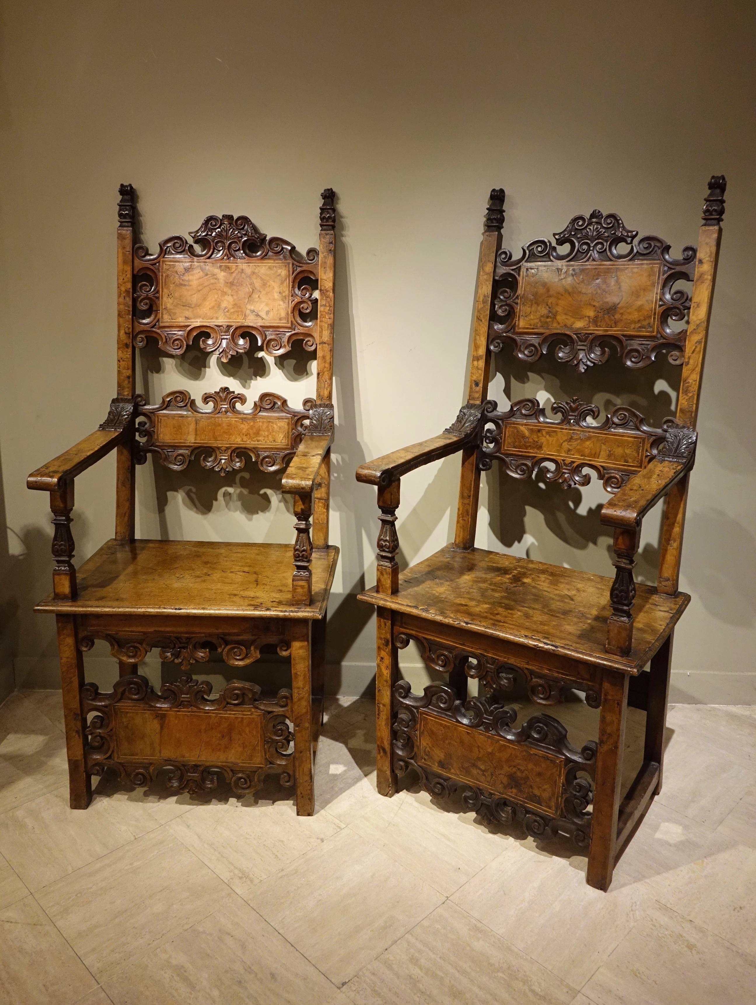 Italian Pair of Large 17th Century Armchairs, Lombardy or Tuscany, Italy, 17th Century