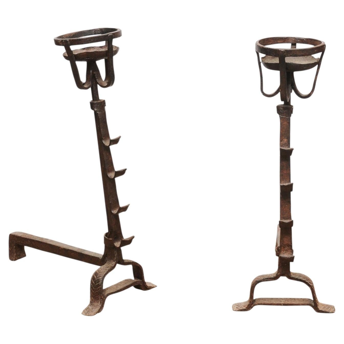 Pair of Large 17th Century French Iron Andirons with Basket For Sale