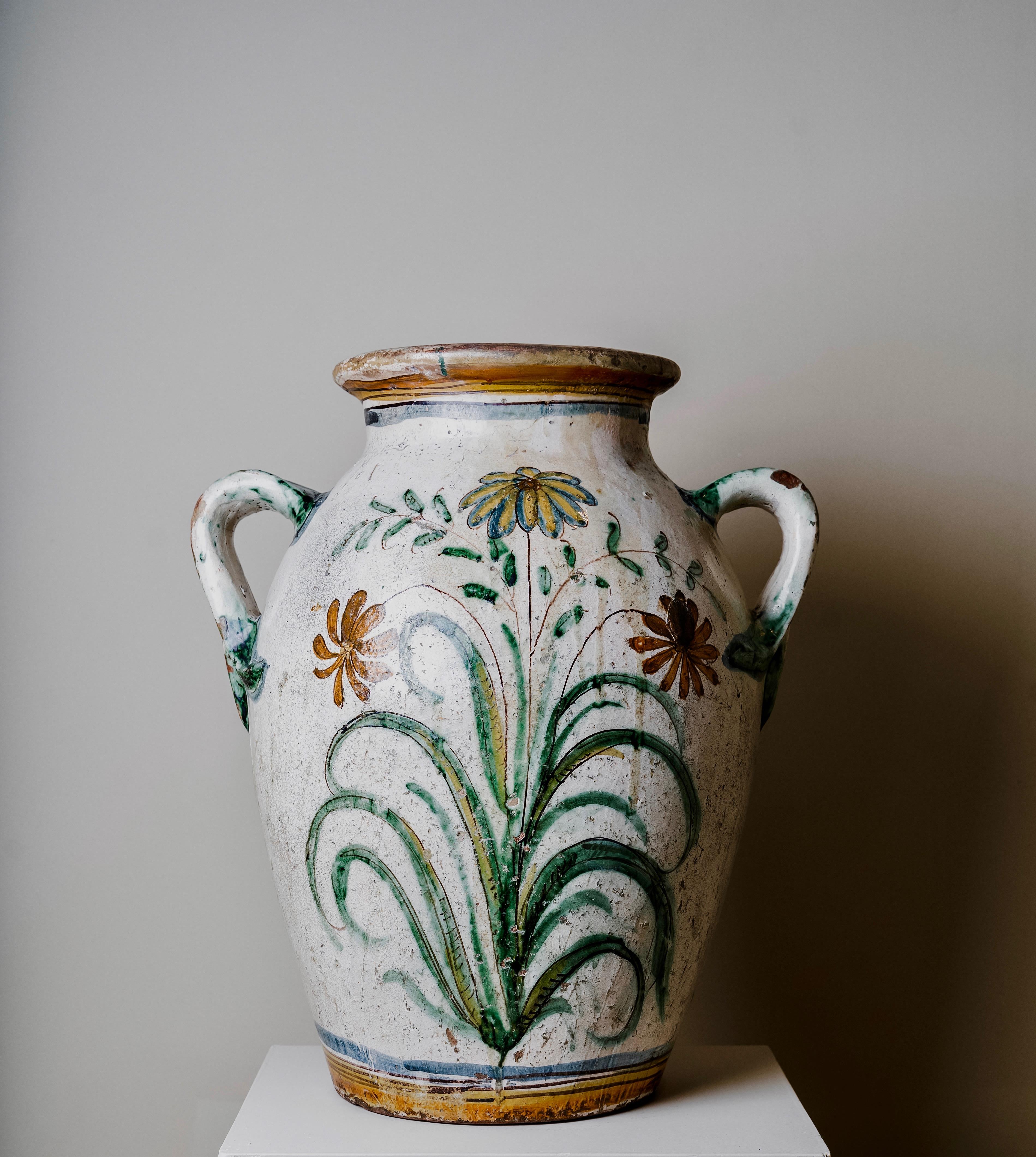 Renaissance Pair of Large 17th Century Glazed Terracotta Jars
