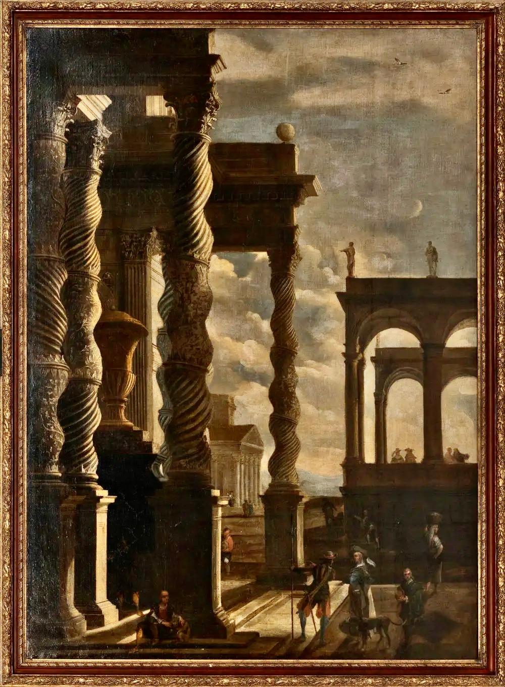 Paire de grands Capriccios à l'huile sur toile d'un disciple de Viviano Codazzi. Au milieu ou à la fin du XVIIe siècle, des ruines et des personnages. Paysage néoclassique. Des arcs magnifiquement imaginés avec des personnages, à cheval, et en train