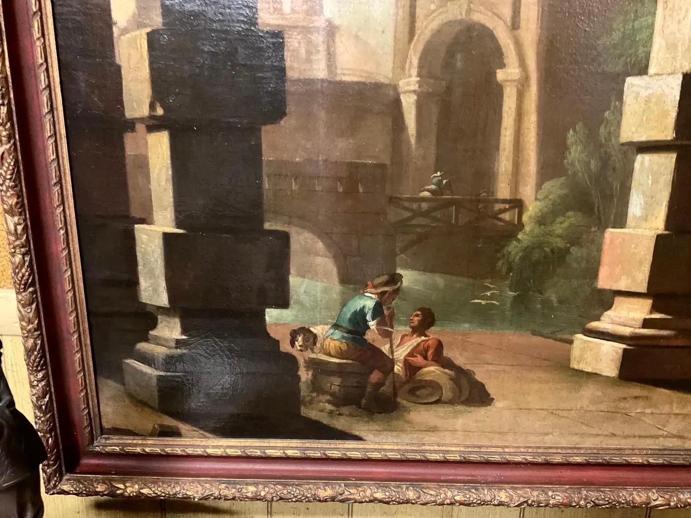 Peinture Paire de grands Capriccios italiens de ruines du 17ème siècle, disciples de Codazzi en vente