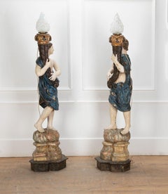 Pair of Large 17th Century Italian Torchiere Polychrome Figure Floor Lamps