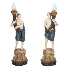 Pair of Large 17th Century Italian Torchiere Polychrome Figure Floor Lamps