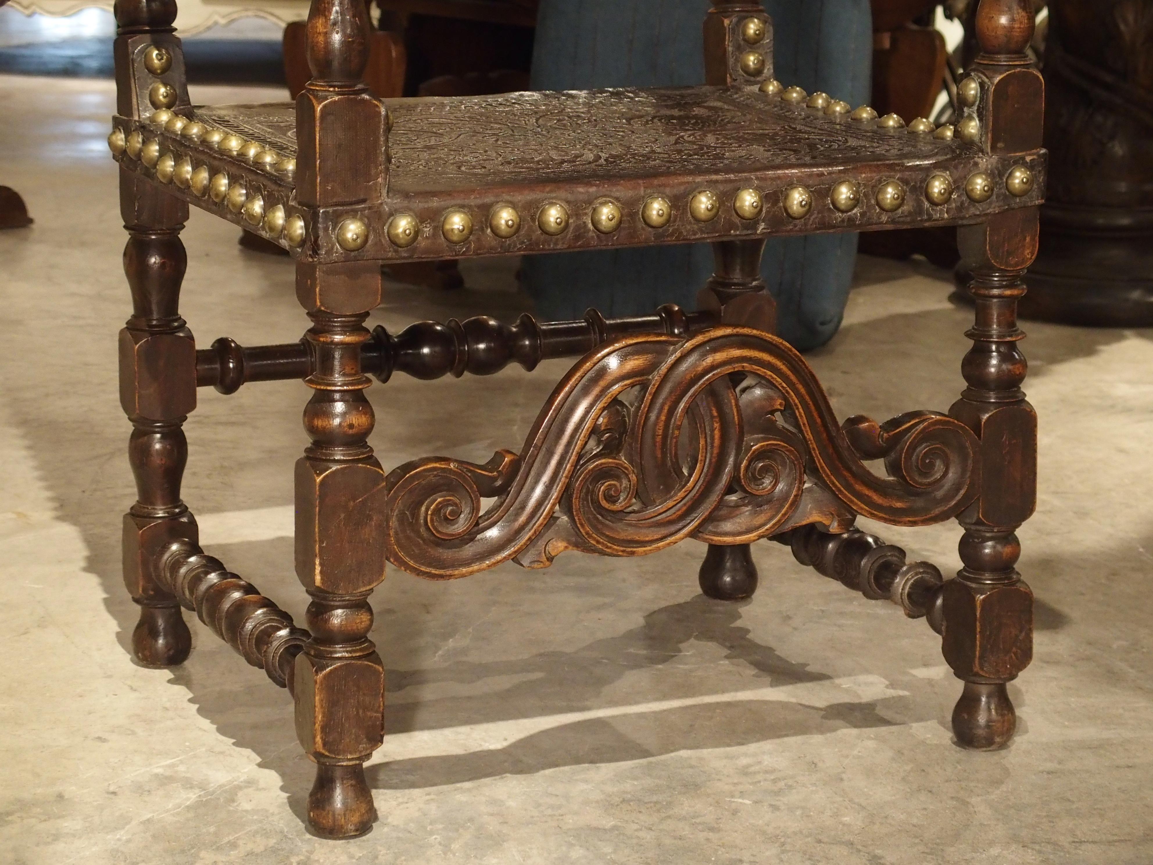 Pair of Large 17th Century Tooled Leather and Oak Armchairs from Spain 3