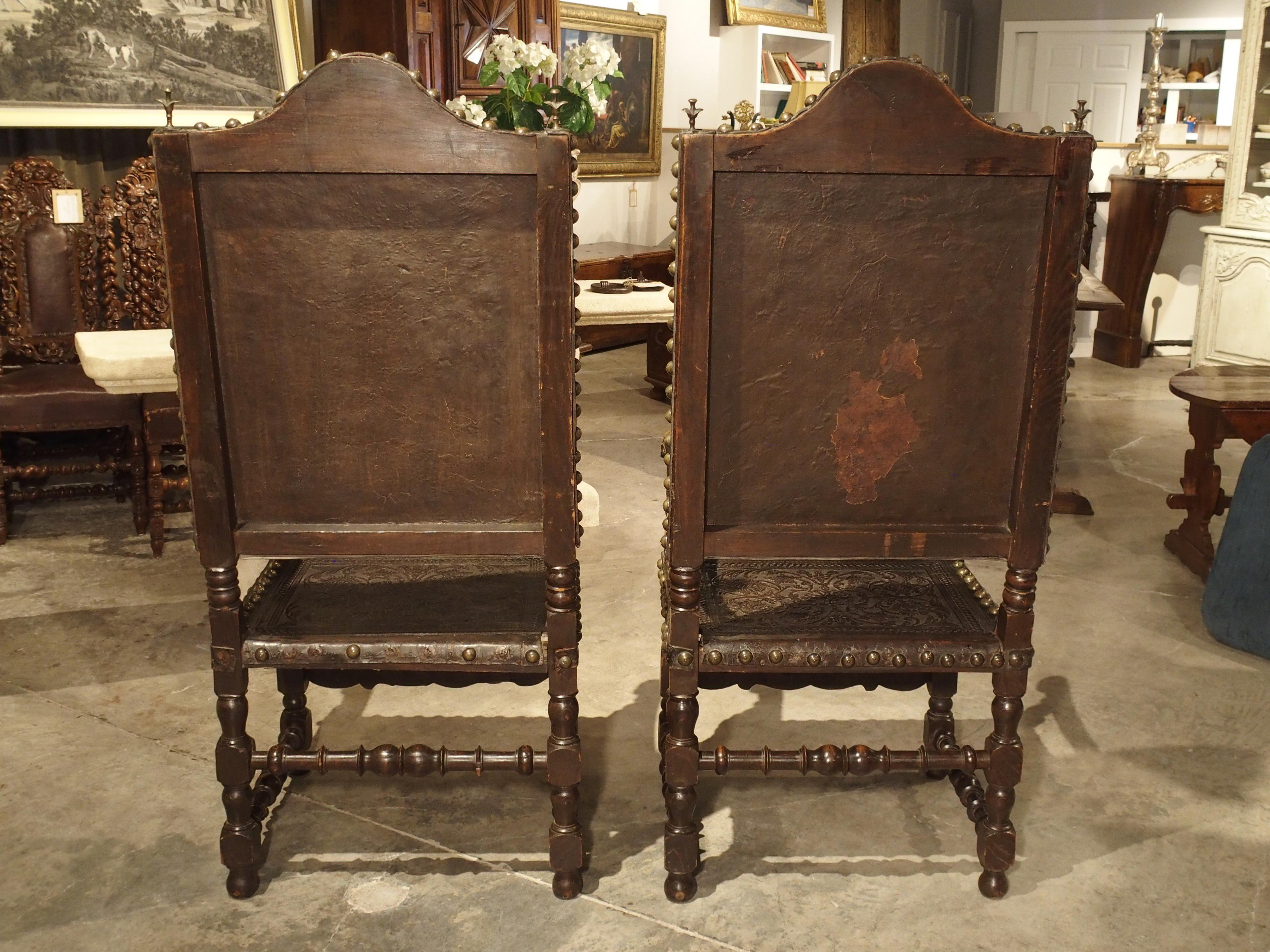 Pair of Large 17th Century Tooled Leather and Oak Armchairs from Spain 10