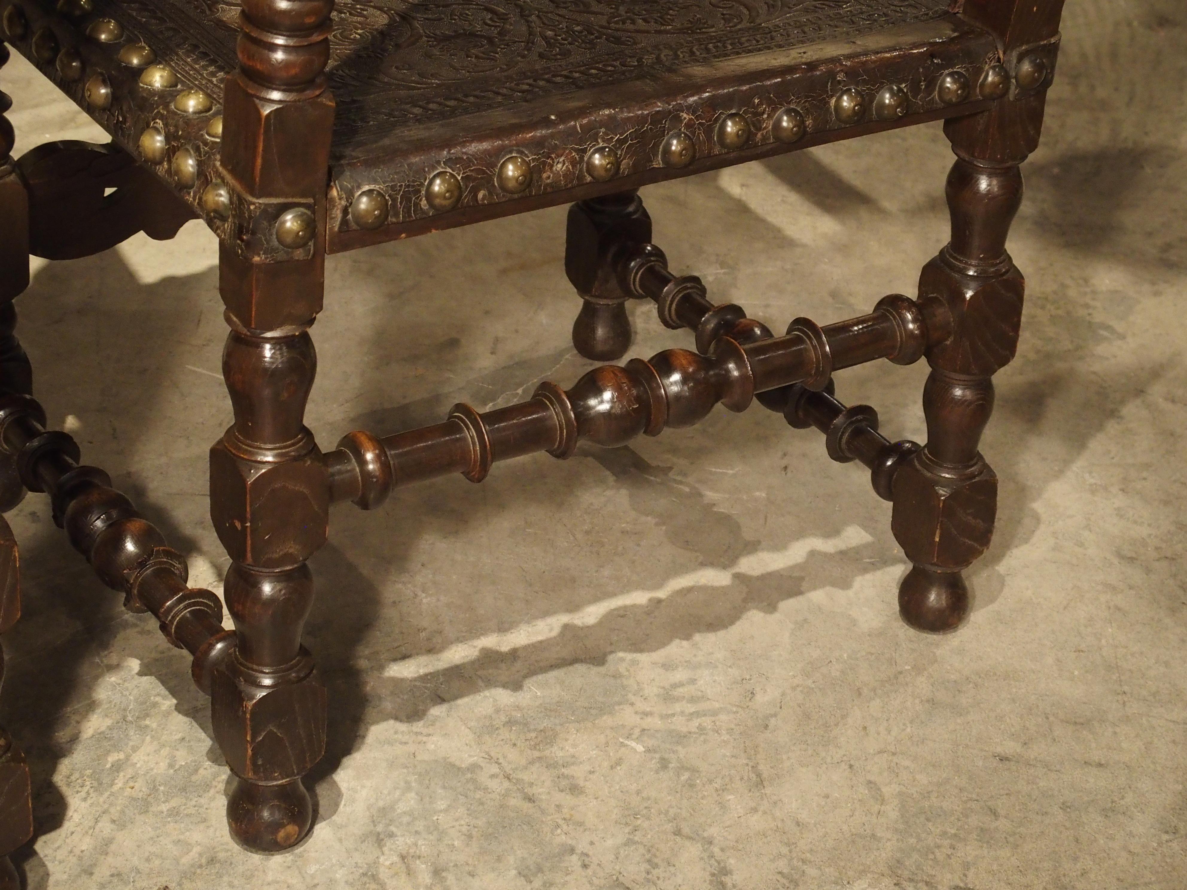 Pair of Large 17th Century Tooled Leather and Oak Armchairs from Spain 11