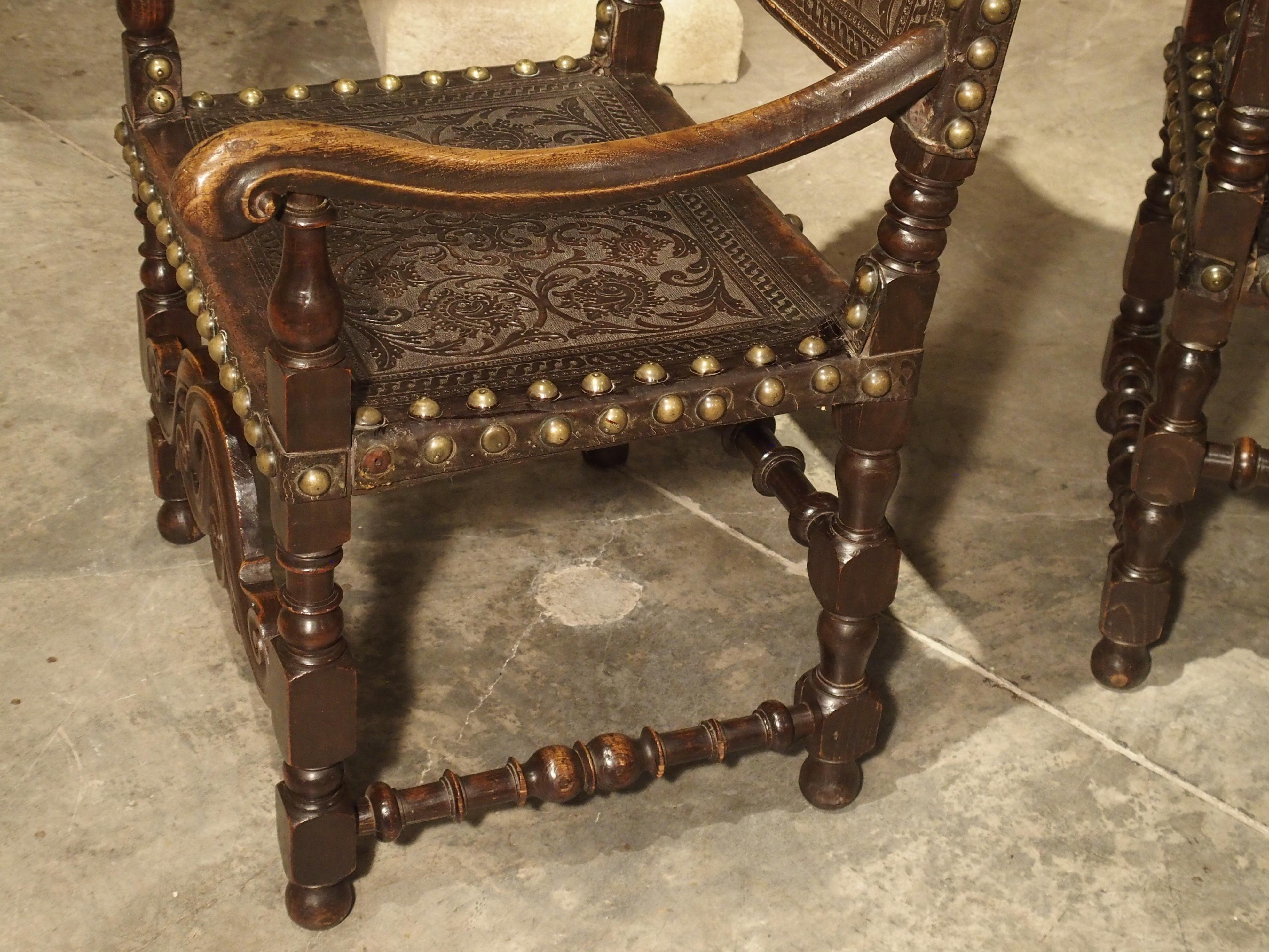 Pair of Large 17th Century Tooled Leather and Oak Armchairs from Spain 13