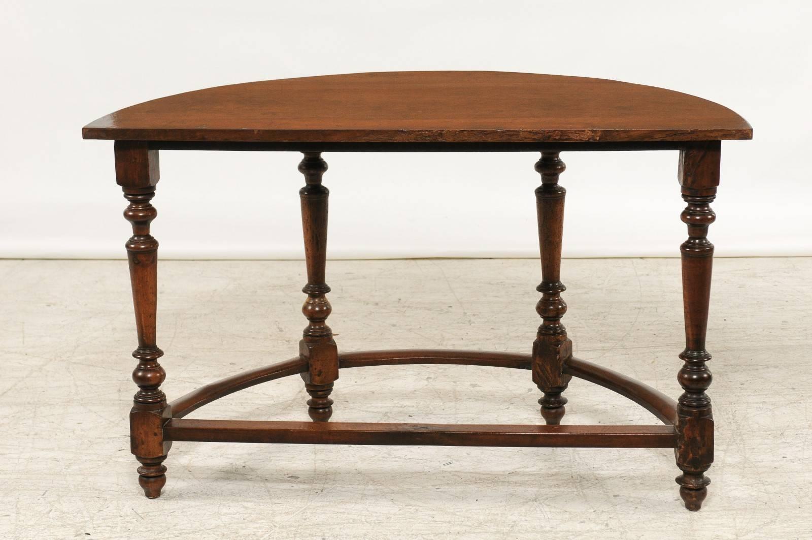 Wood Pair of Large 1820s Italian Walnut Demilune Console Tables with Turned Legs