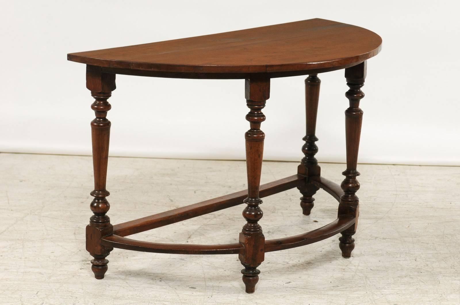 Pair of Large 1820s Italian Walnut Demilune Console Tables with Turned Legs 1