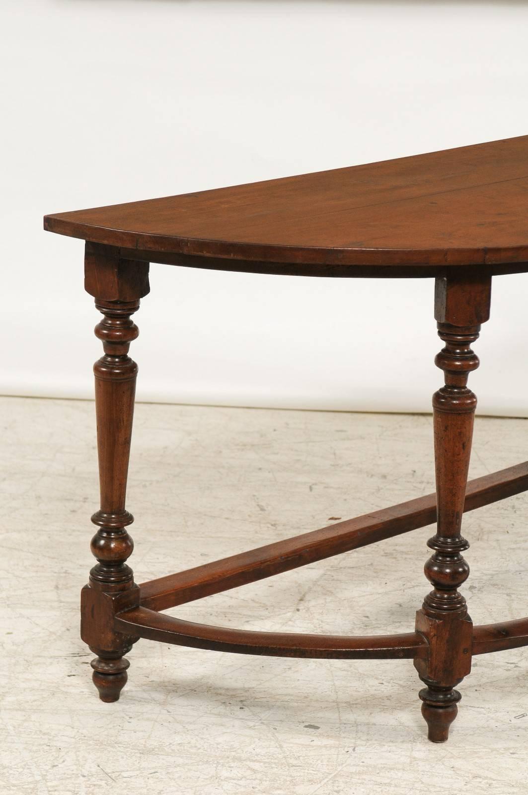 Pair of Large 1820s Italian Walnut Demilune Console Tables with Turned Legs 2