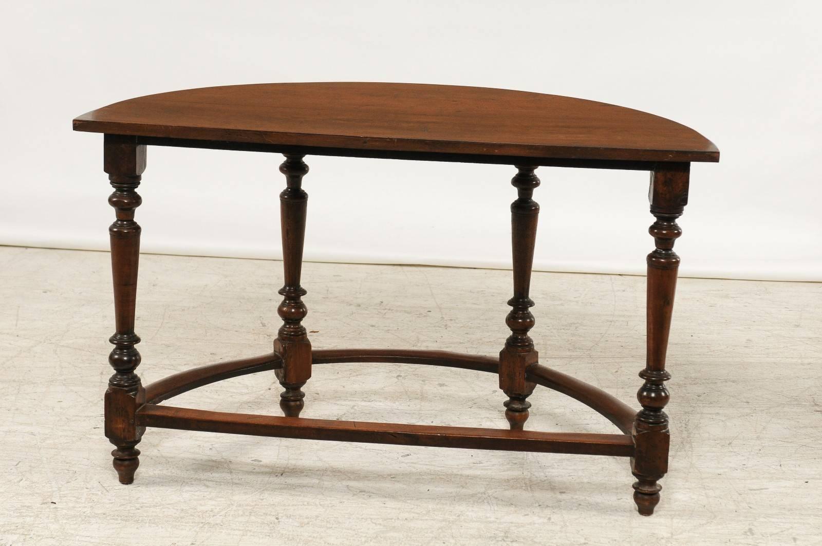 Pair of Large 1820s Italian Walnut Demilune Console Tables with Turned Legs 3