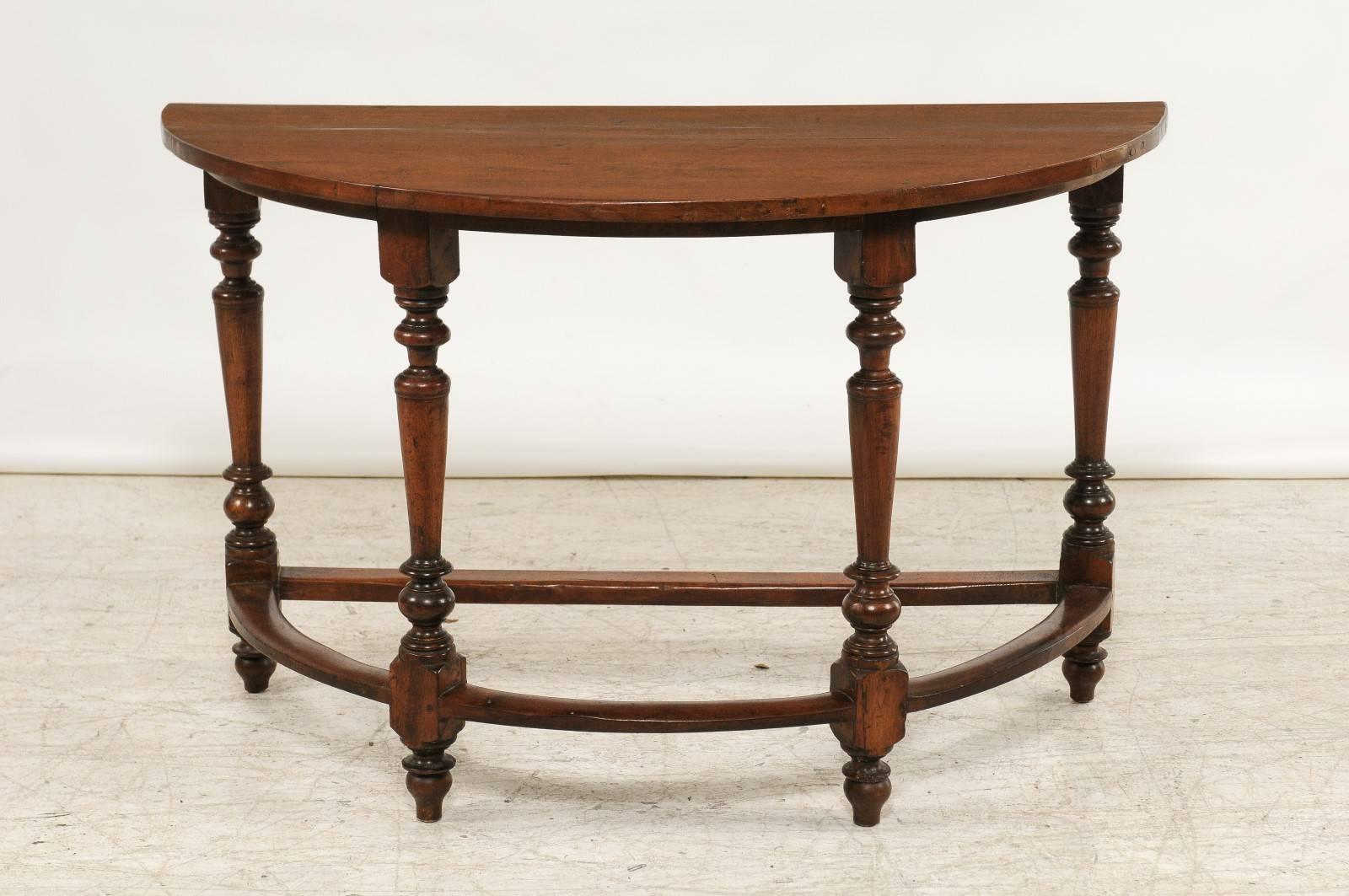 Pair of Large 1820s Italian Walnut Demilune Console Tables with Turned Legs 4