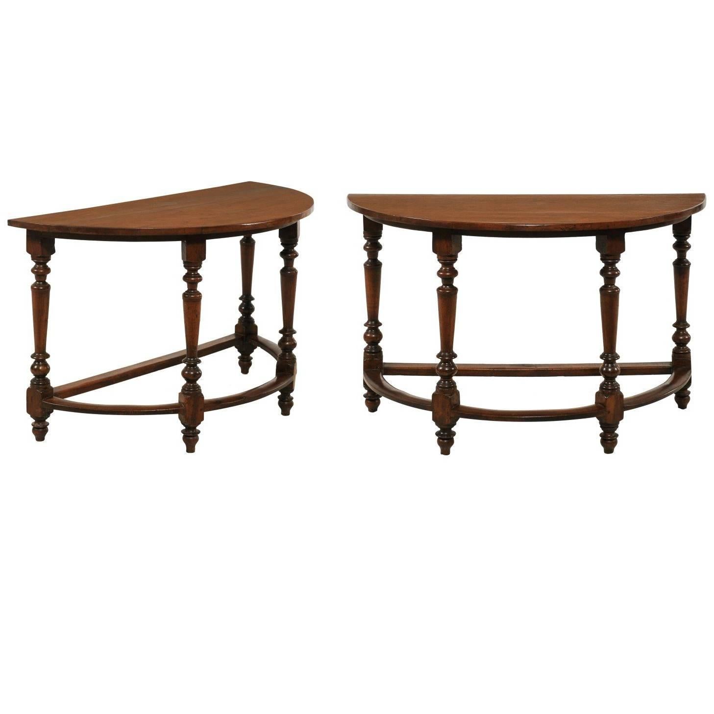 Pair of Large 1820s Italian Walnut Demilune Console Tables with Turned Legs