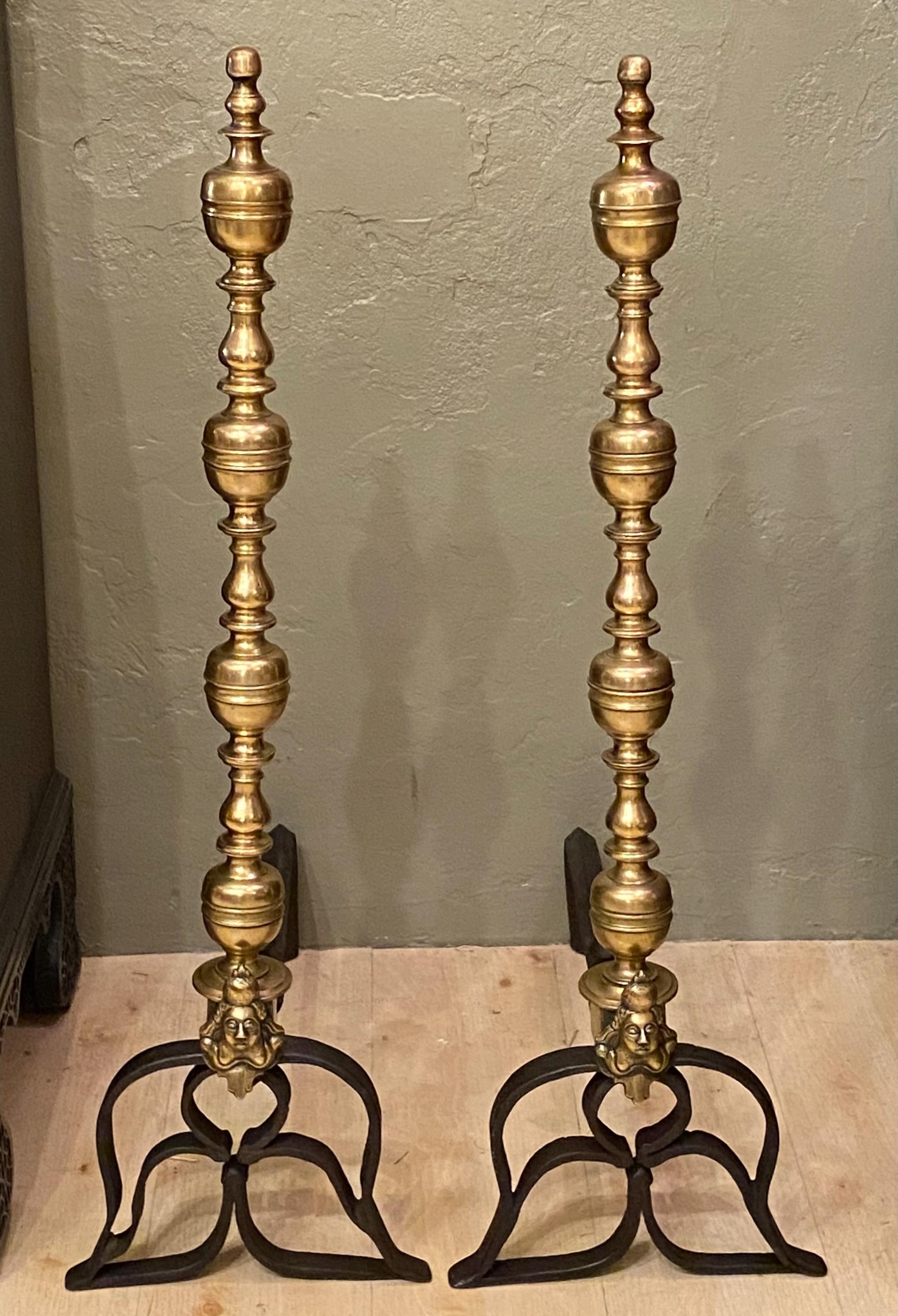 English Pair of Large 18th Century Brass Fireplace Andirons For Sale