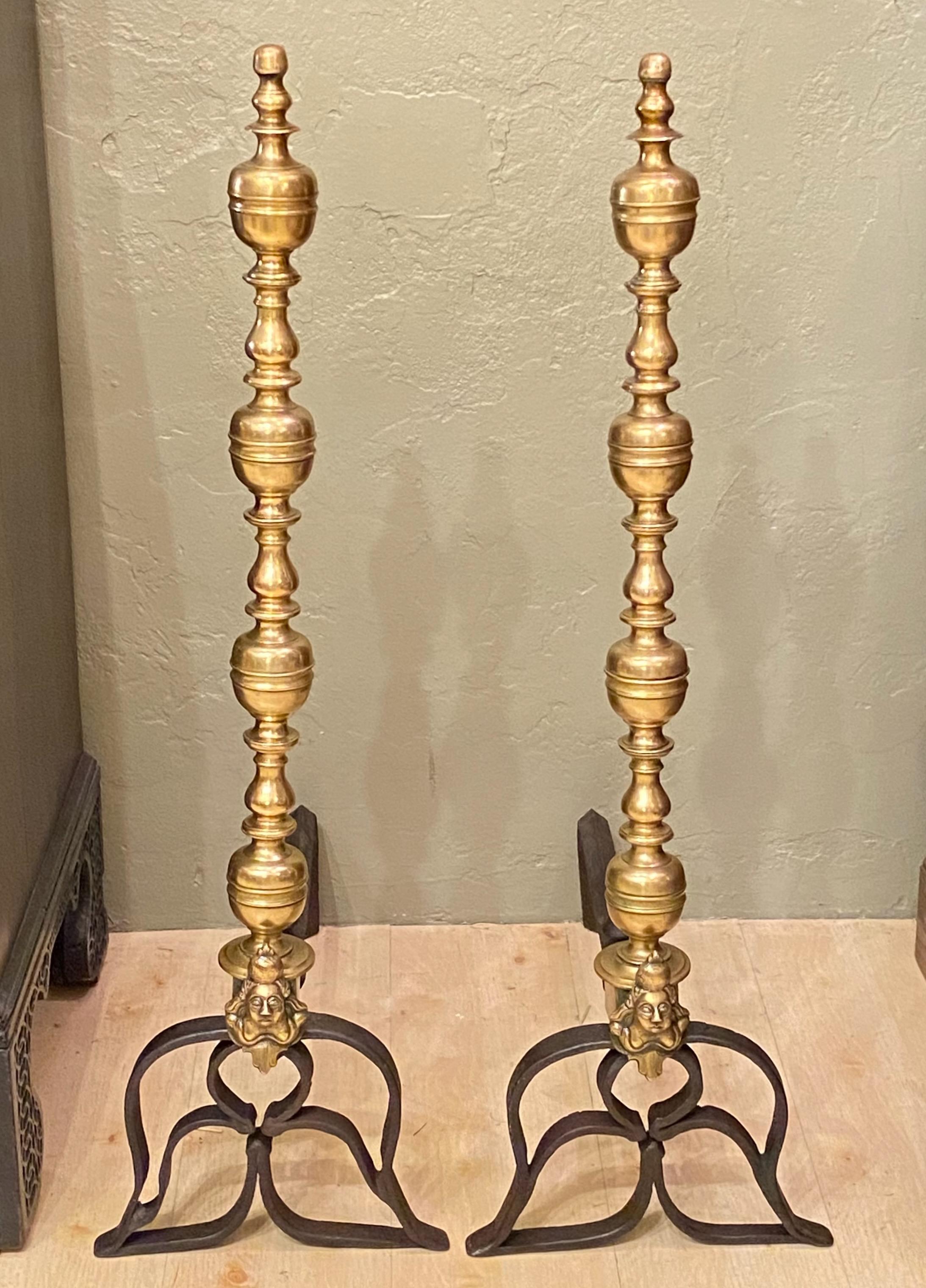 Pair of Large 18th Century Brass Fireplace Andirons In Good Condition For Sale In San Francisco, CA