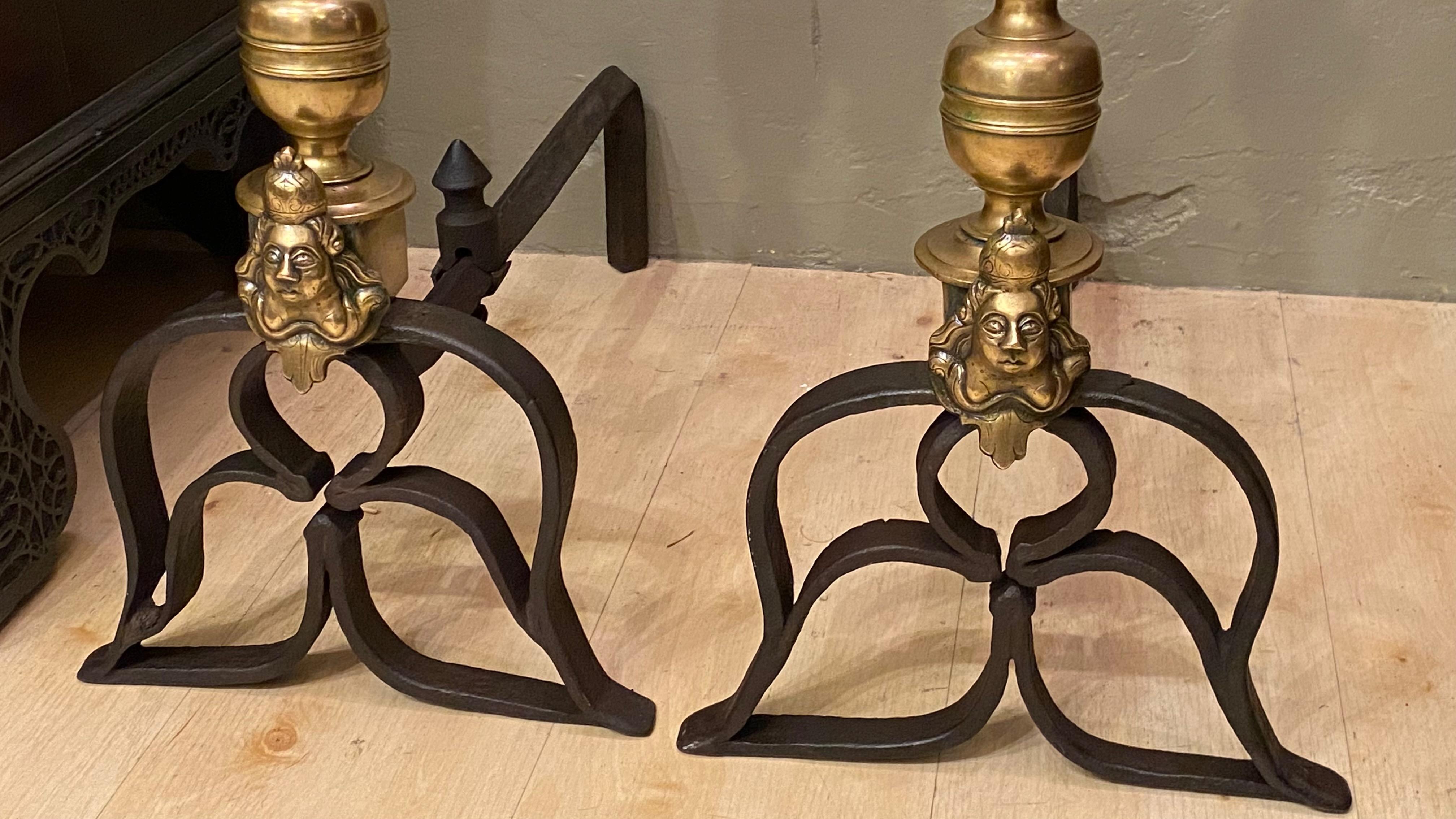 18th Century and Earlier Pair of Large 18th Century Brass Fireplace Andirons For Sale