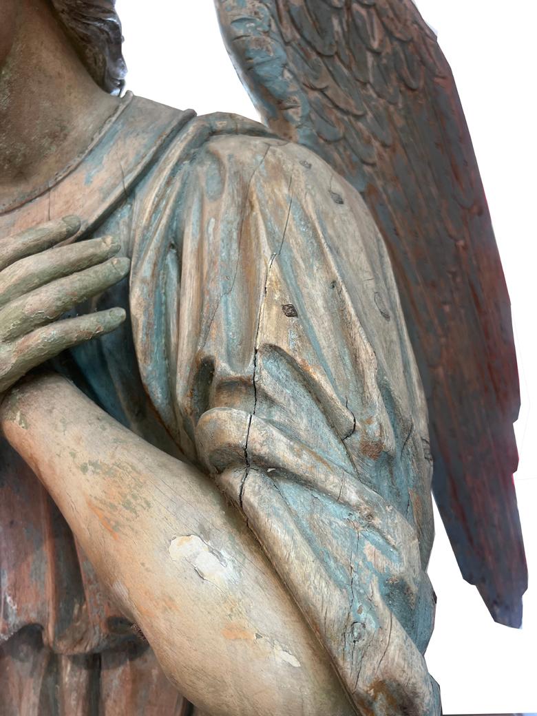 Hardwood Pair of Large 18th Century Hand Carved Angel Statues For Sale
