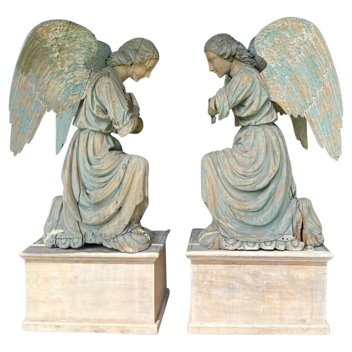 Pair of Large 18th Century Hand Carved Angel Statues For Sale