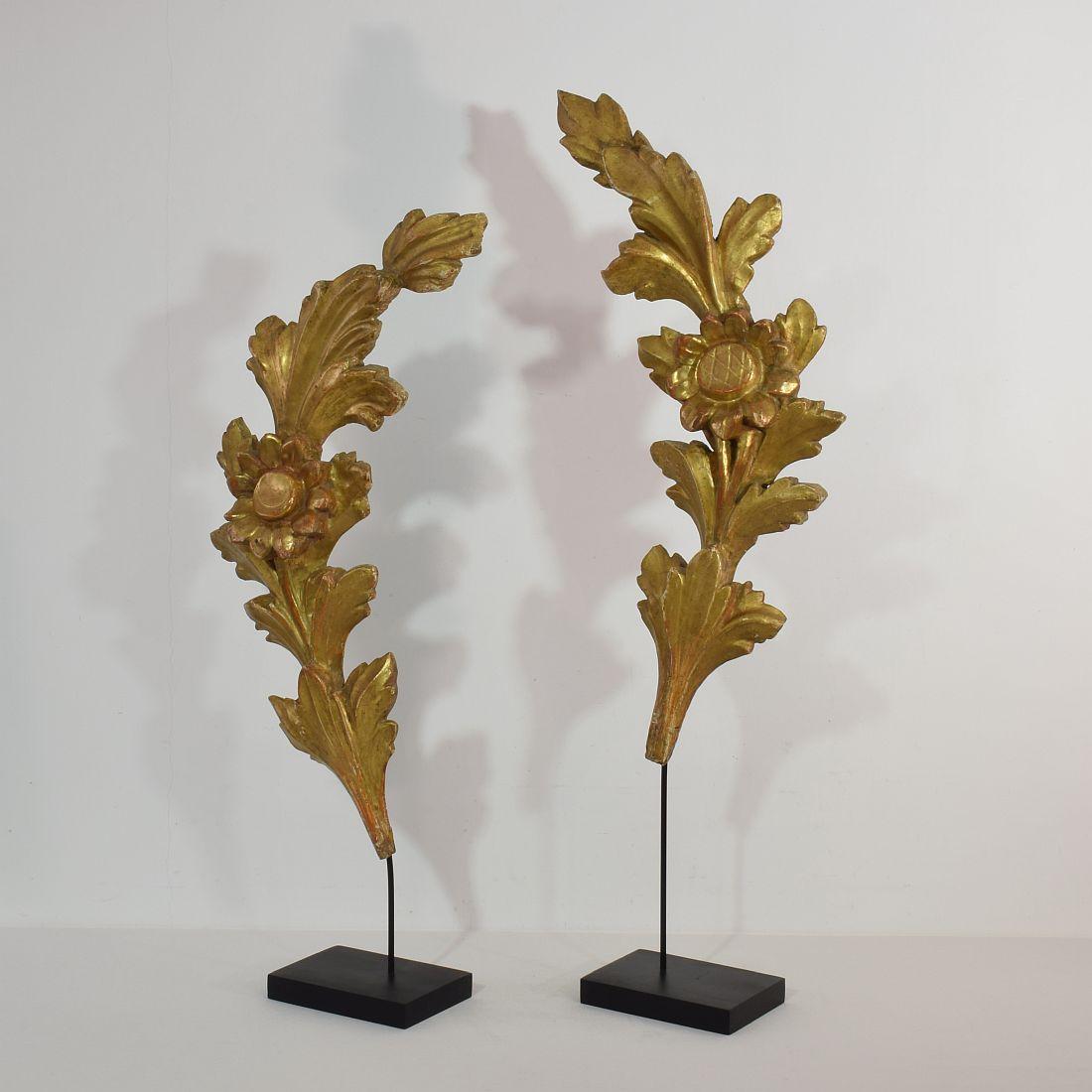 Nice couple of two large gilded Baroque wooden ornaments,
Italy, circa 1750. Weathered, small losses. Measurement here below is of the largest and includes the wooden base.