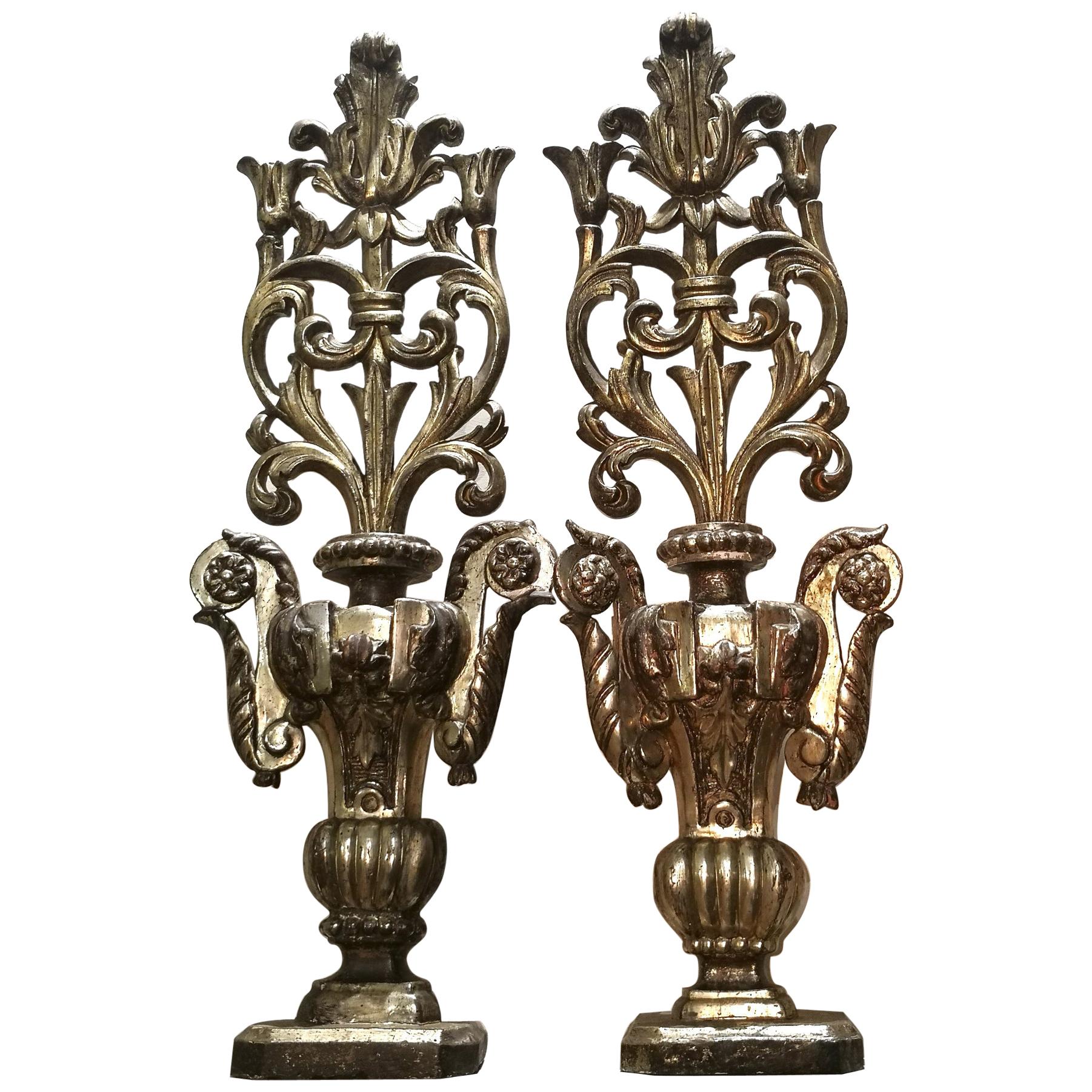Pair of Large 18th Century Italian Carved Wood and Parcel-Gilt Altar Ornaments