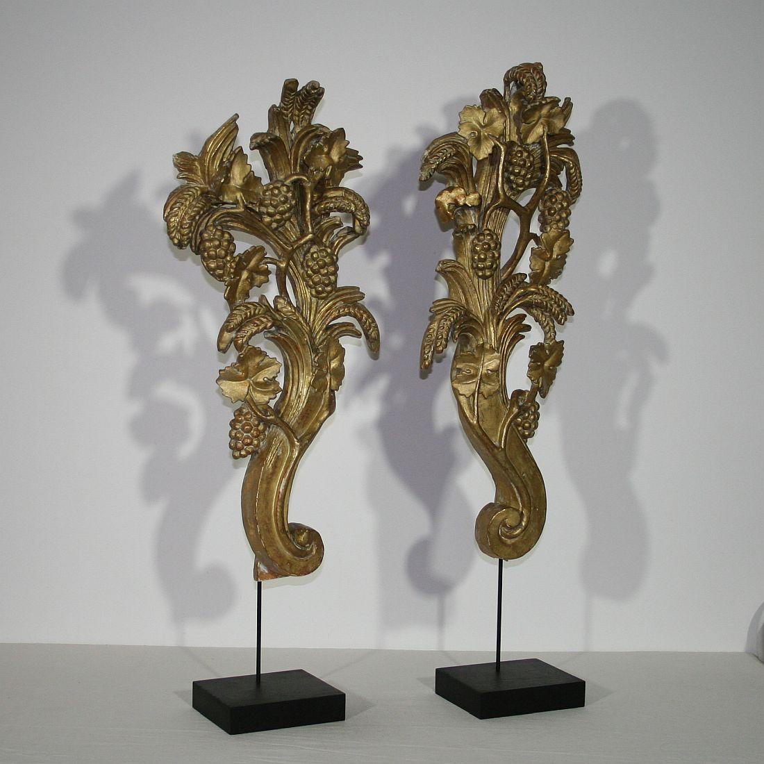 Hand-Carved Pair of Large 18th Century Italian Giltwood Baroque Ornaments