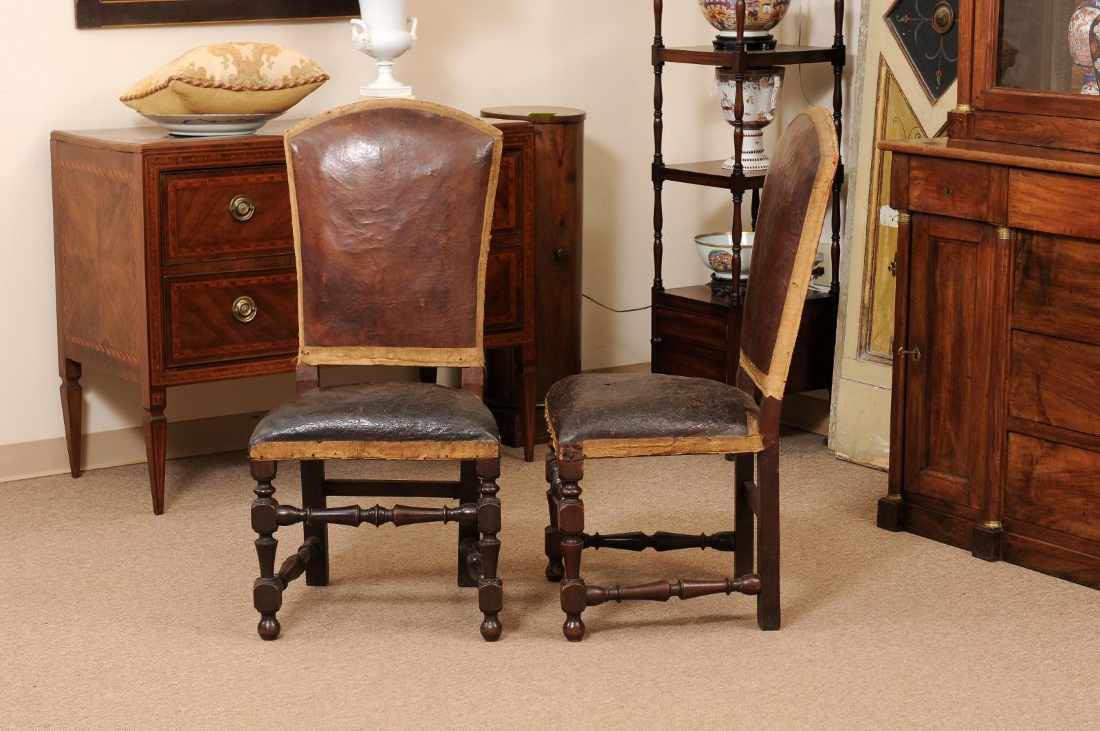 Pair of Large 18th Century Italian Walnut Hall Chairs with Leather Upholstery  For Sale 6