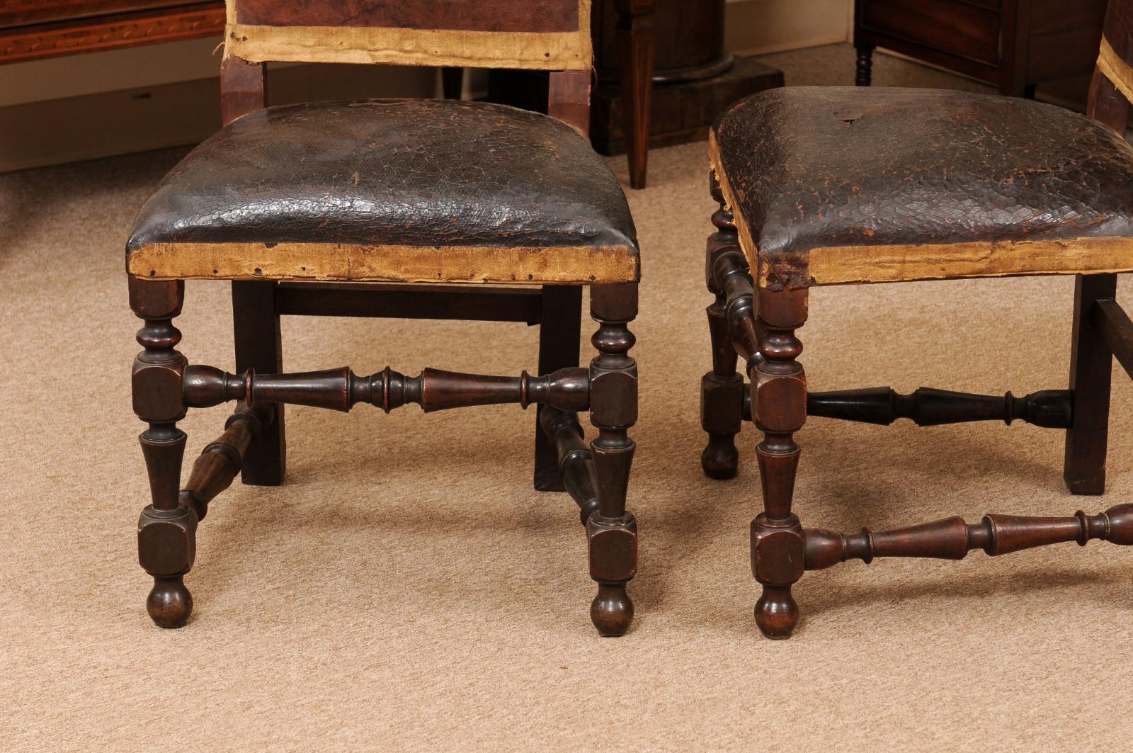 Pair of Large 18th Century Italian Walnut Hall Chairs with Leather Upholstery  For Sale 7