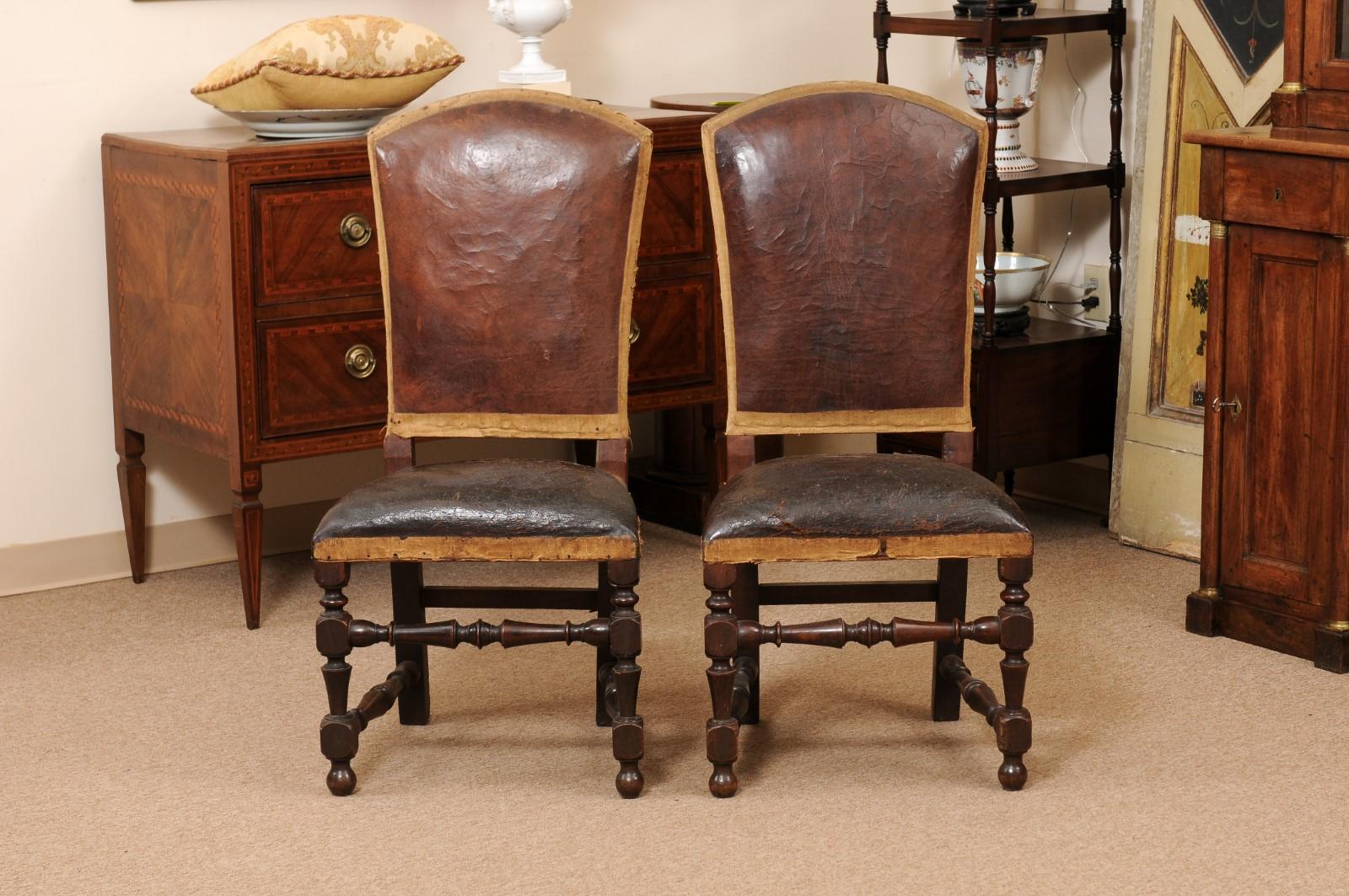 Pair of Large 18th Century Italian Walnut Hall Chairs with Leather Upholstery  For Sale 8