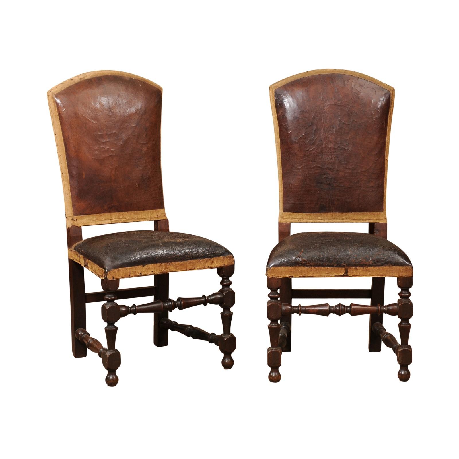 Pair of Large 18th Century Italian Walnut Hall Chairs with Leather Upholstery & Turned Legs