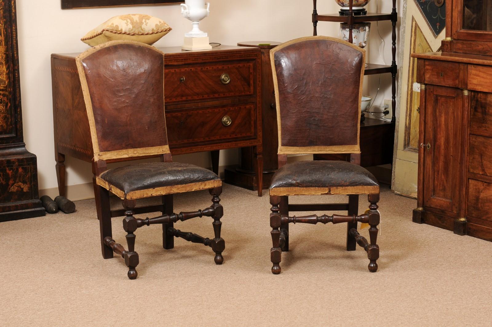 Pair of Large 18th Century Italian Walnut Hall Chairs with Leather Upholstery  In Good Condition For Sale In Atlanta, GA