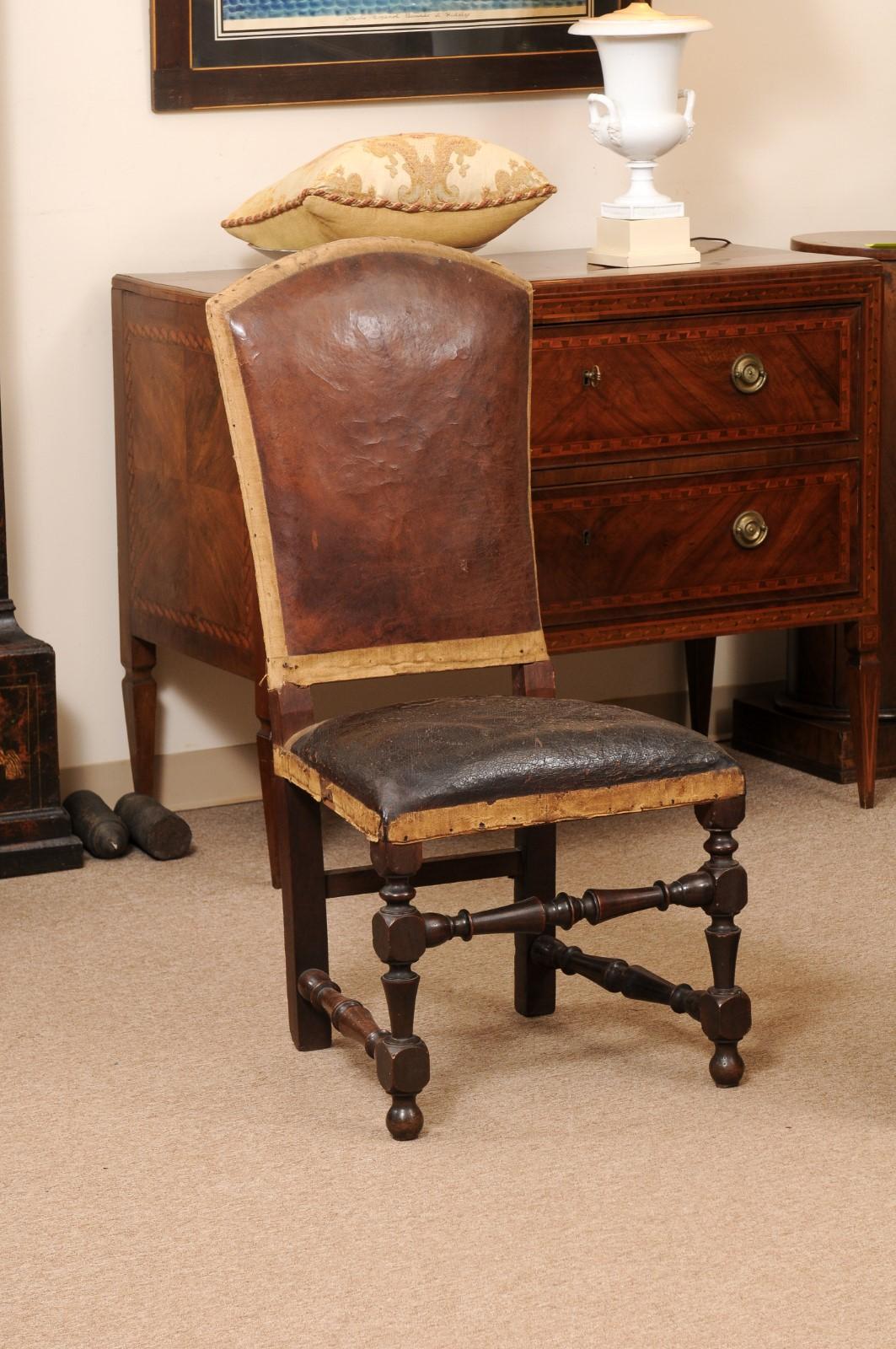 18th Century and Earlier Pair of Large 18th Century Italian Walnut Hall Chairs with Leather Upholstery  For Sale