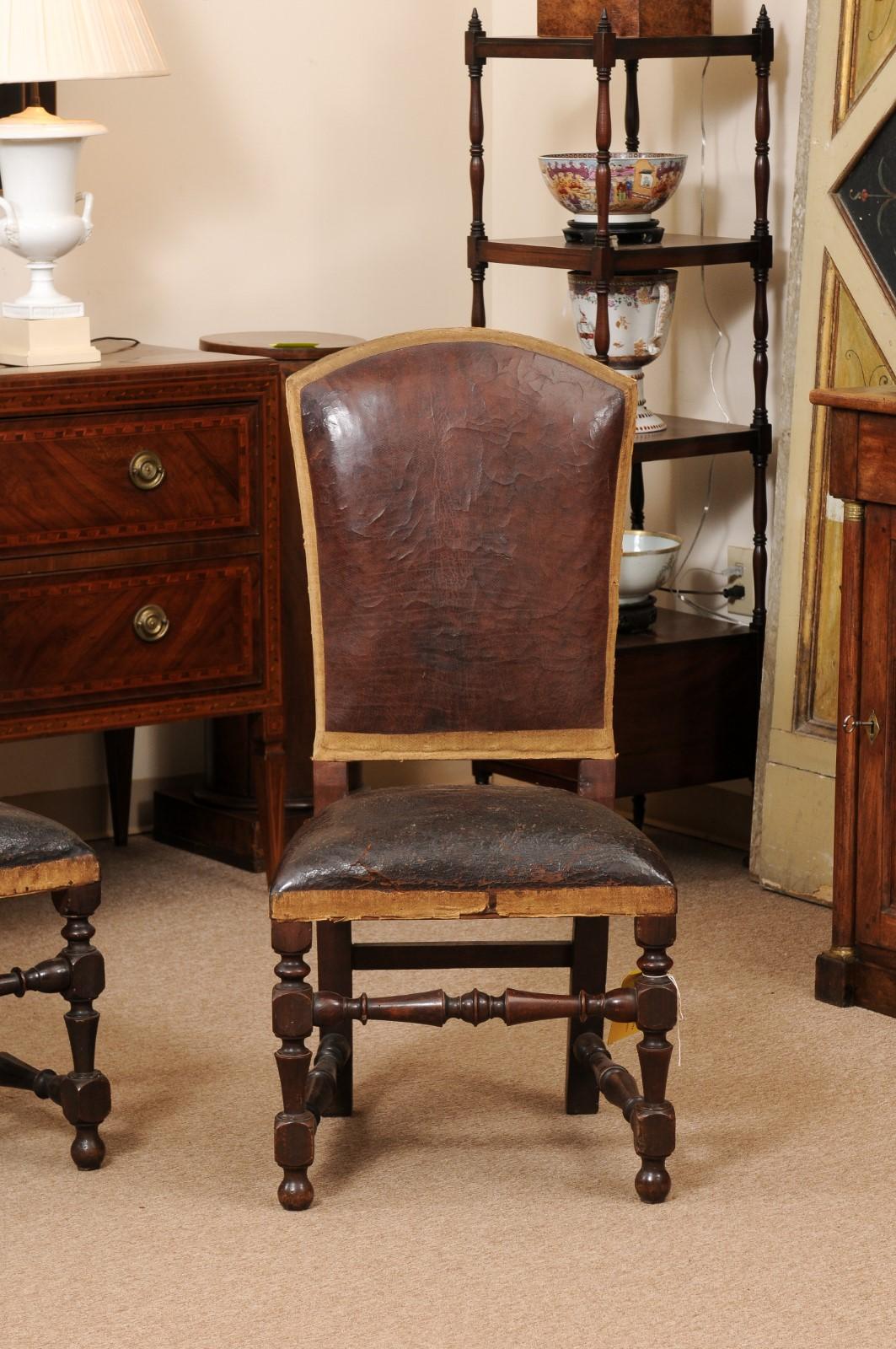 Pair of Large 18th Century Italian Walnut Hall Chairs with Leather Upholstery  For Sale 1