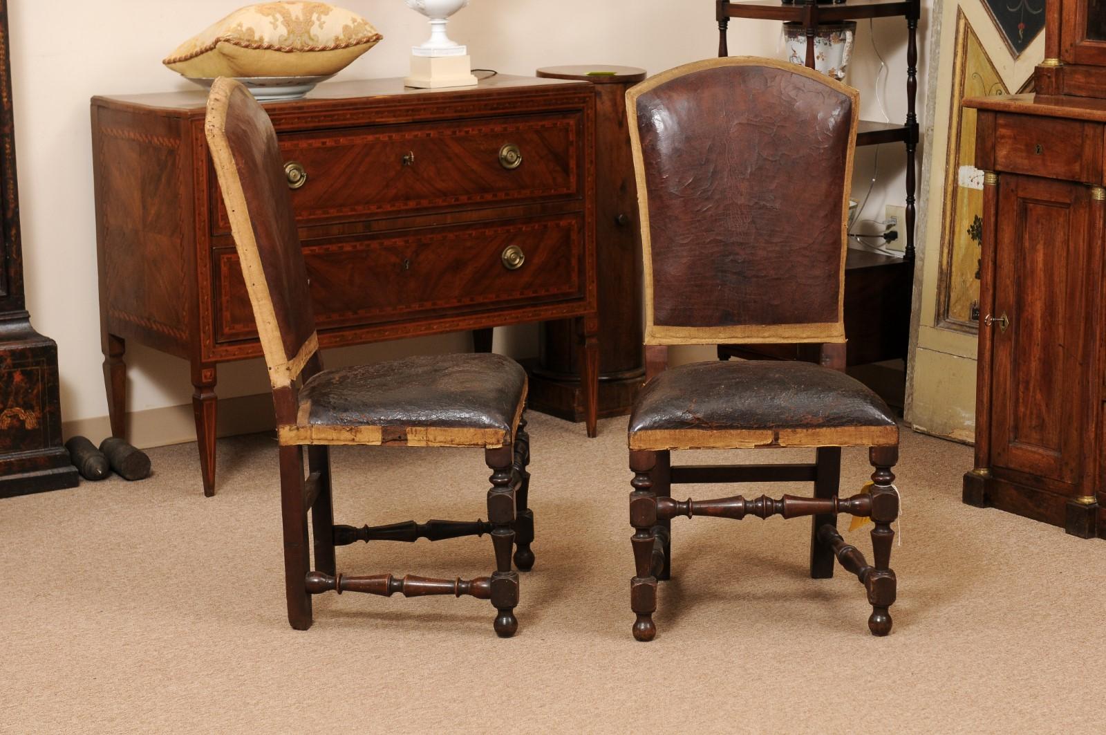 Pair of Large 18th Century Italian Walnut Hall Chairs with Leather Upholstery  For Sale 2