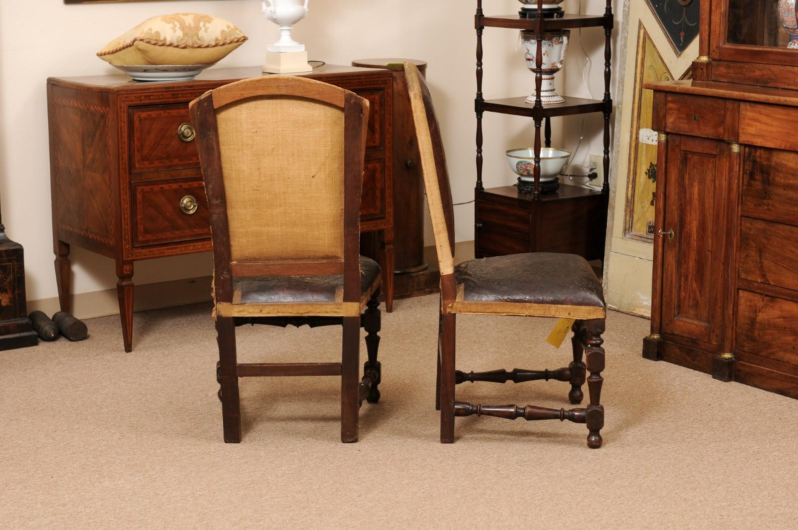 Pair of Large 18th Century Italian Walnut Hall Chairs with Leather Upholstery  For Sale 3