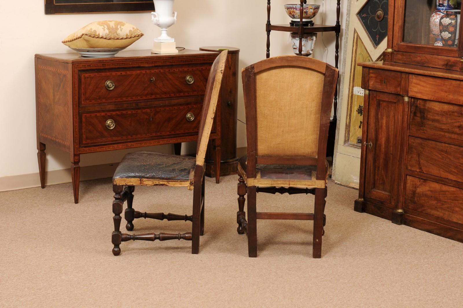 Pair of Large 18th Century Italian Walnut Hall Chairs with Leather Upholstery  For Sale 5