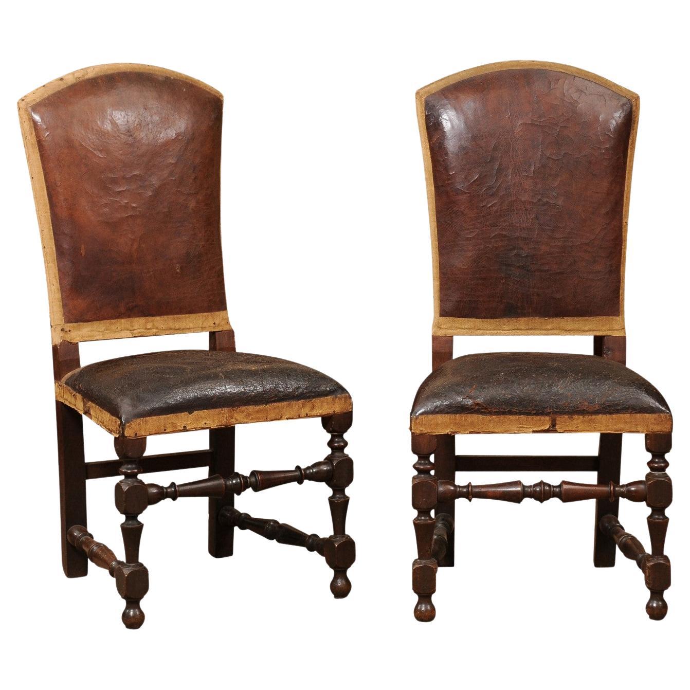 Pair of Large 18th Century Italian Walnut Hall Chairs with Leather Upholstery  For Sale