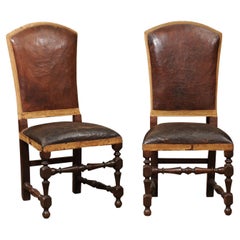 Antique Pair of Large 18th Century Italian Walnut Hall Chairs with Leather Upholstery 