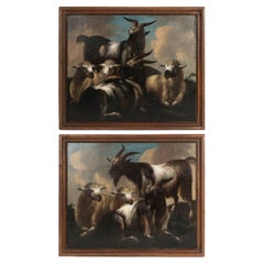 Pareja de grandes cuadros al óleo sobre lino del siglo XVIII enmarcados