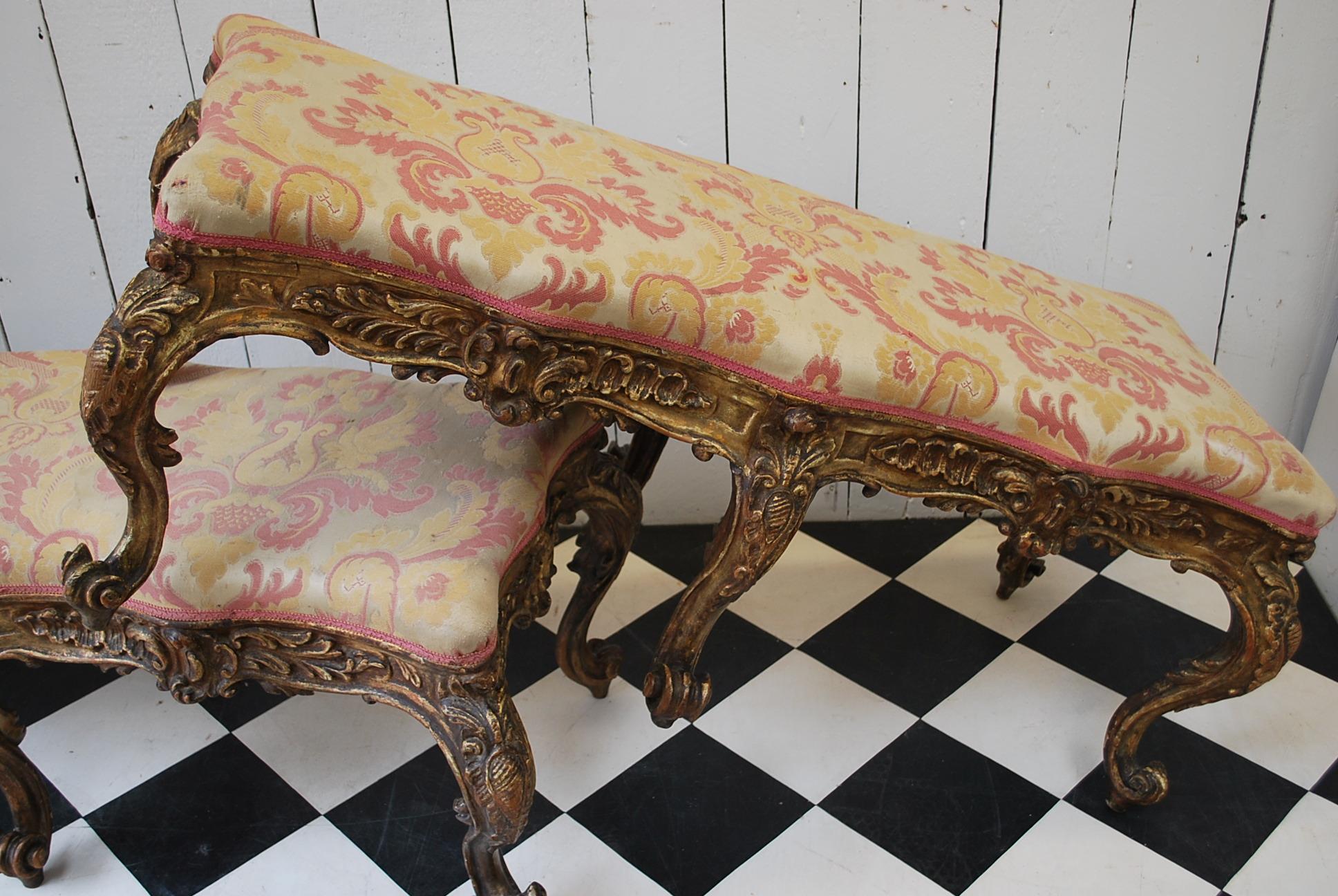 Pair of Large 18th century Rococo style Italian Giltwood Stools, circa 1860 In Fair Condition For Sale In Winchcombe, Gloucesteshire