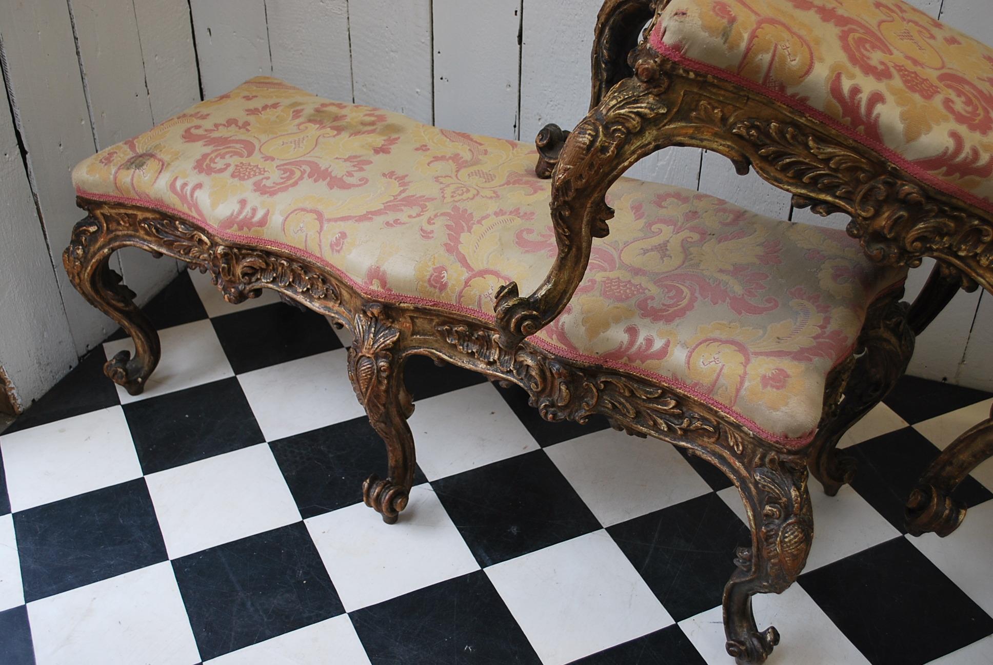 19th Century Pair of Large 18th century Rococo style Italian Giltwood Stools, circa 1860 For Sale