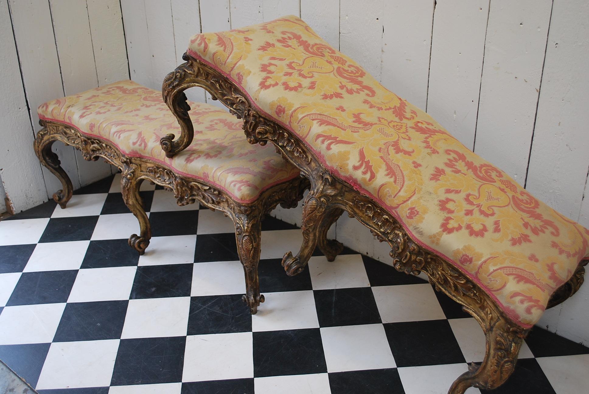 Pine Pair of Large 18th century Rococo style Italian Giltwood Stools, circa 1860 For Sale