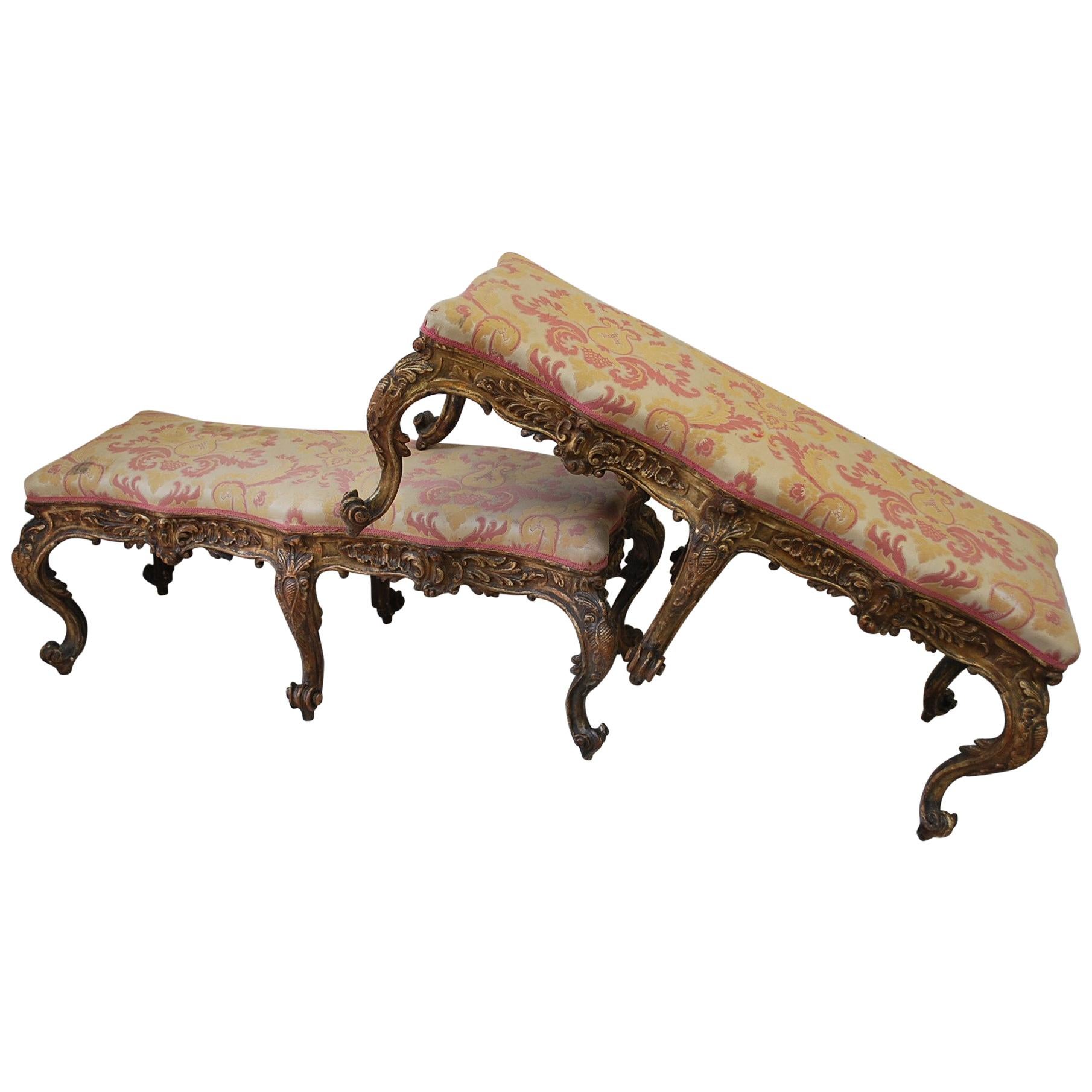 Pair of Large 18th century Rococo style Italian Giltwood Stools, circa 1860 For Sale
