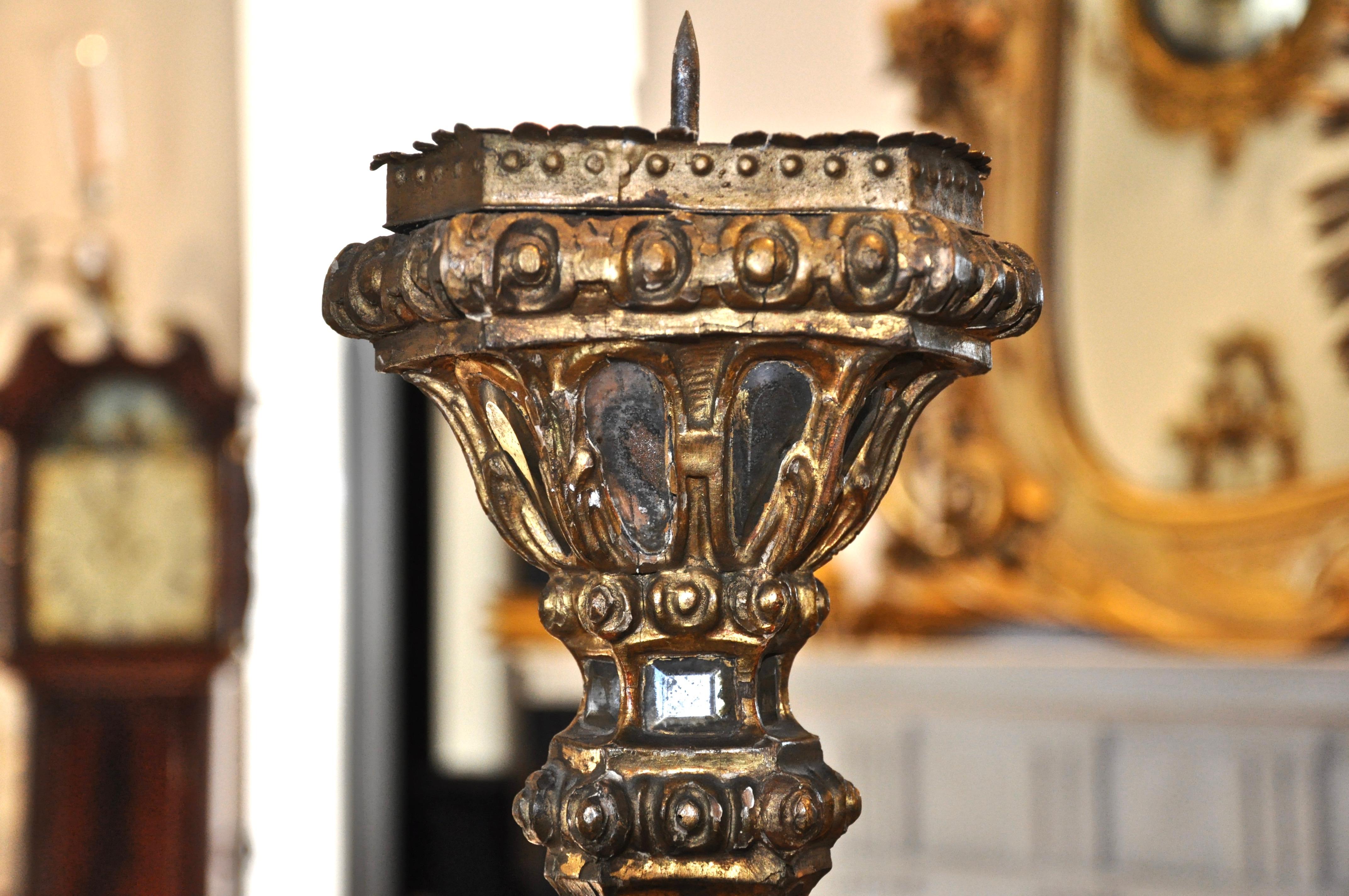 Italian Pair of Large 18th Century Venetian Mirrored Pricket or Altar Sticks