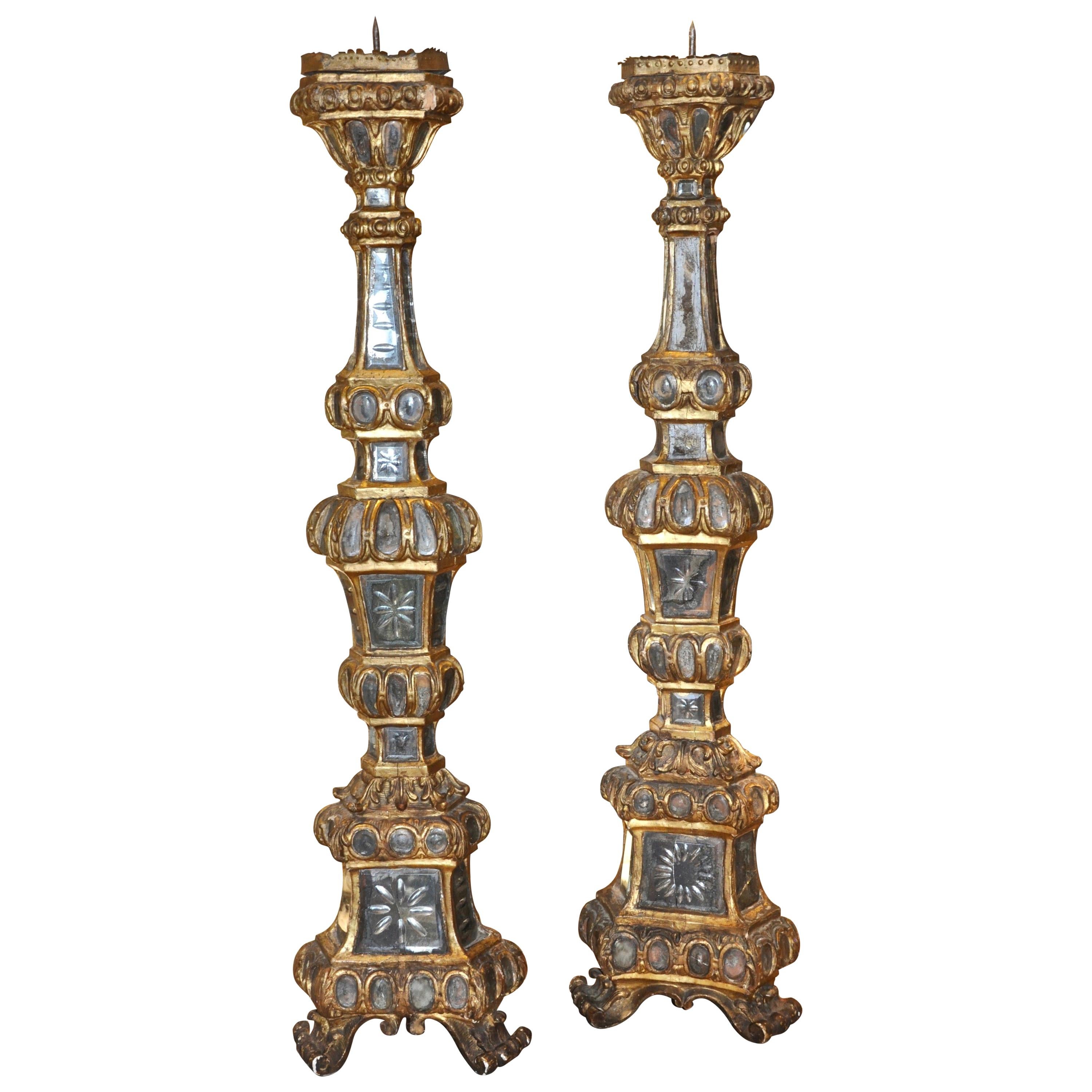Pair of Large 18th Century Venetian Mirrored Pricket or Altar Sticks